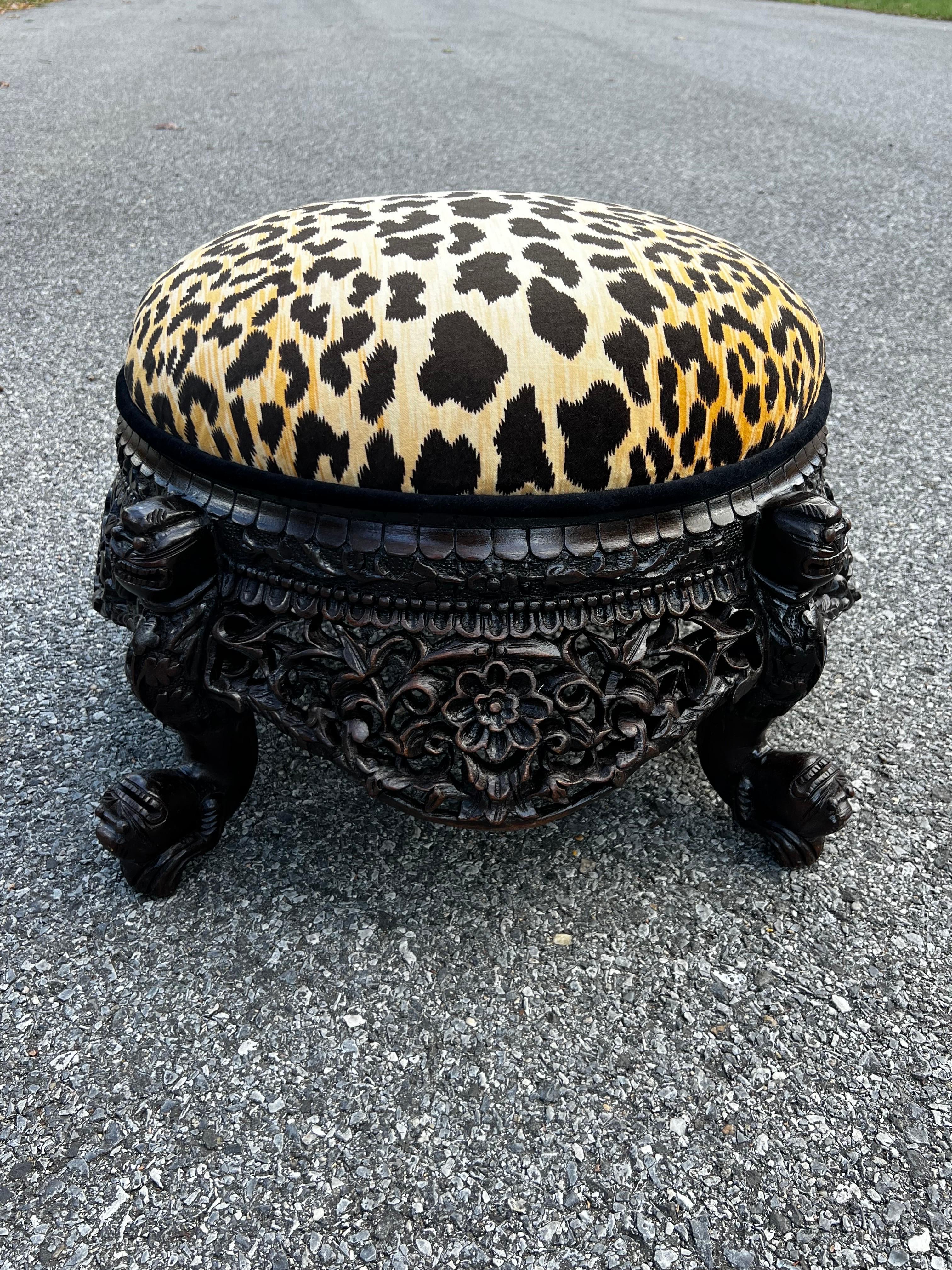 Refinished Pair Late 19th Century Anglo-Indian Hand-Carved Cheetah Stools  For Sale 1