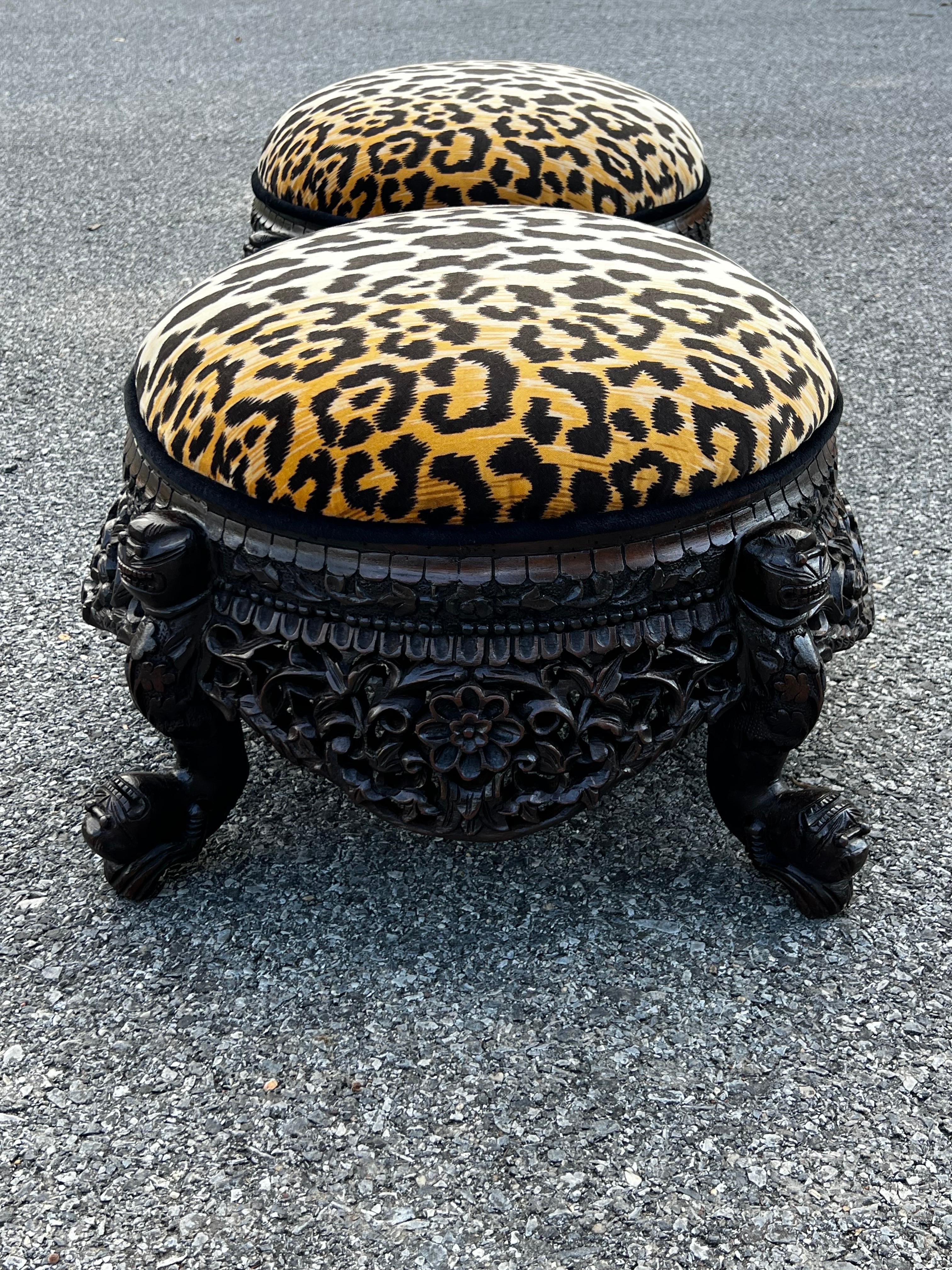 Refinished Pair Late 19th Century Anglo-Indian Hand-Carved Cheetah Stools  For Sale 5