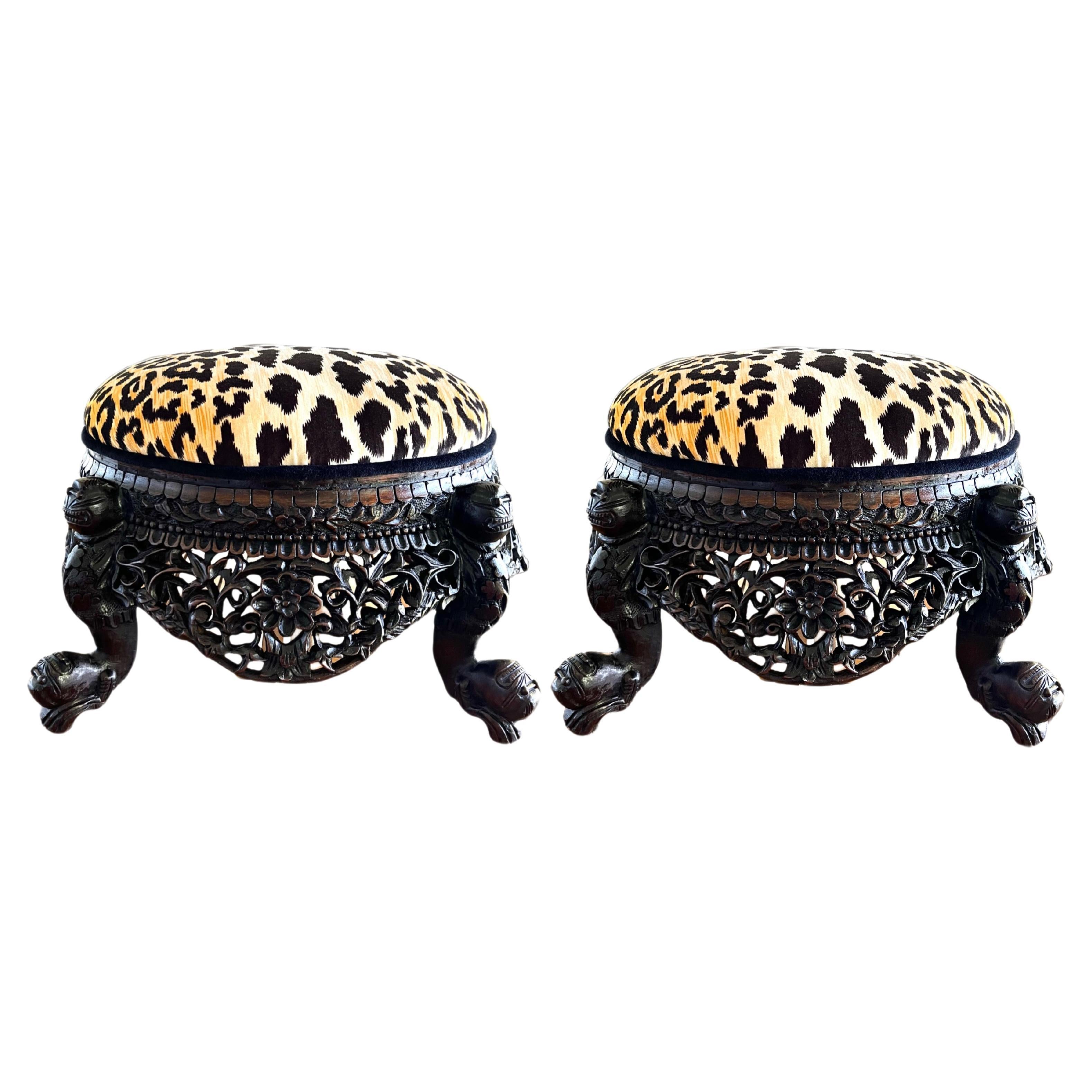 Refinished Pair Late 19th Century Anglo-Indian Hand-Carved Cheetah Stools  For Sale