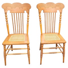 Refinished Pair of Victorian Style Press Back Spiral Maple Chairs with Cane Seat
