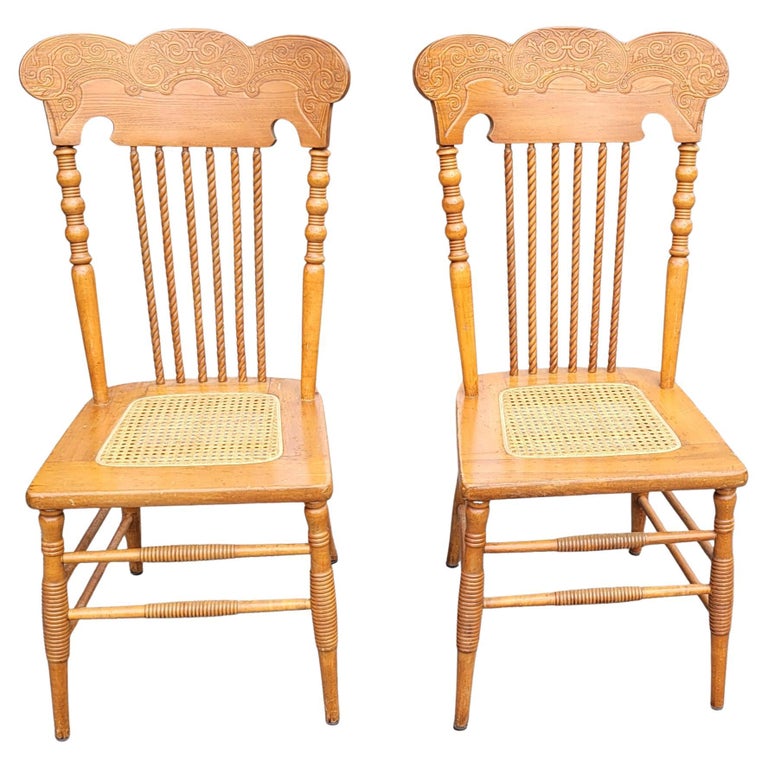 Refinished Pair of Victorian Style Press Back Spiral Maple Chairs with