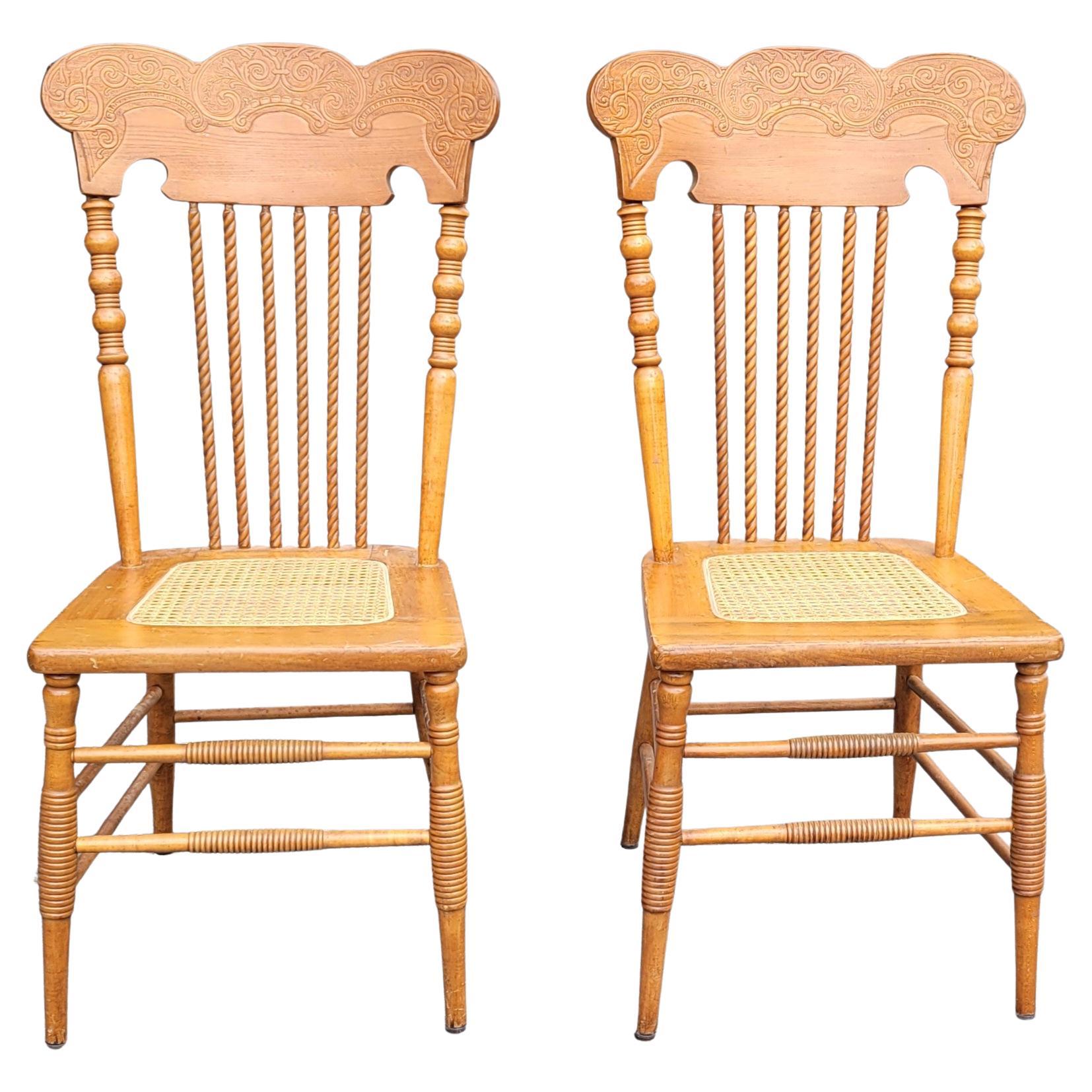 Refinished Pair of Victorian Style Press Back Spiral Maple Chairs with Cane Seat
