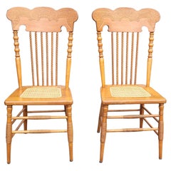 Refinished Pair of Victorian Style Press Back Spiral Maple Chairs with Cane Seat