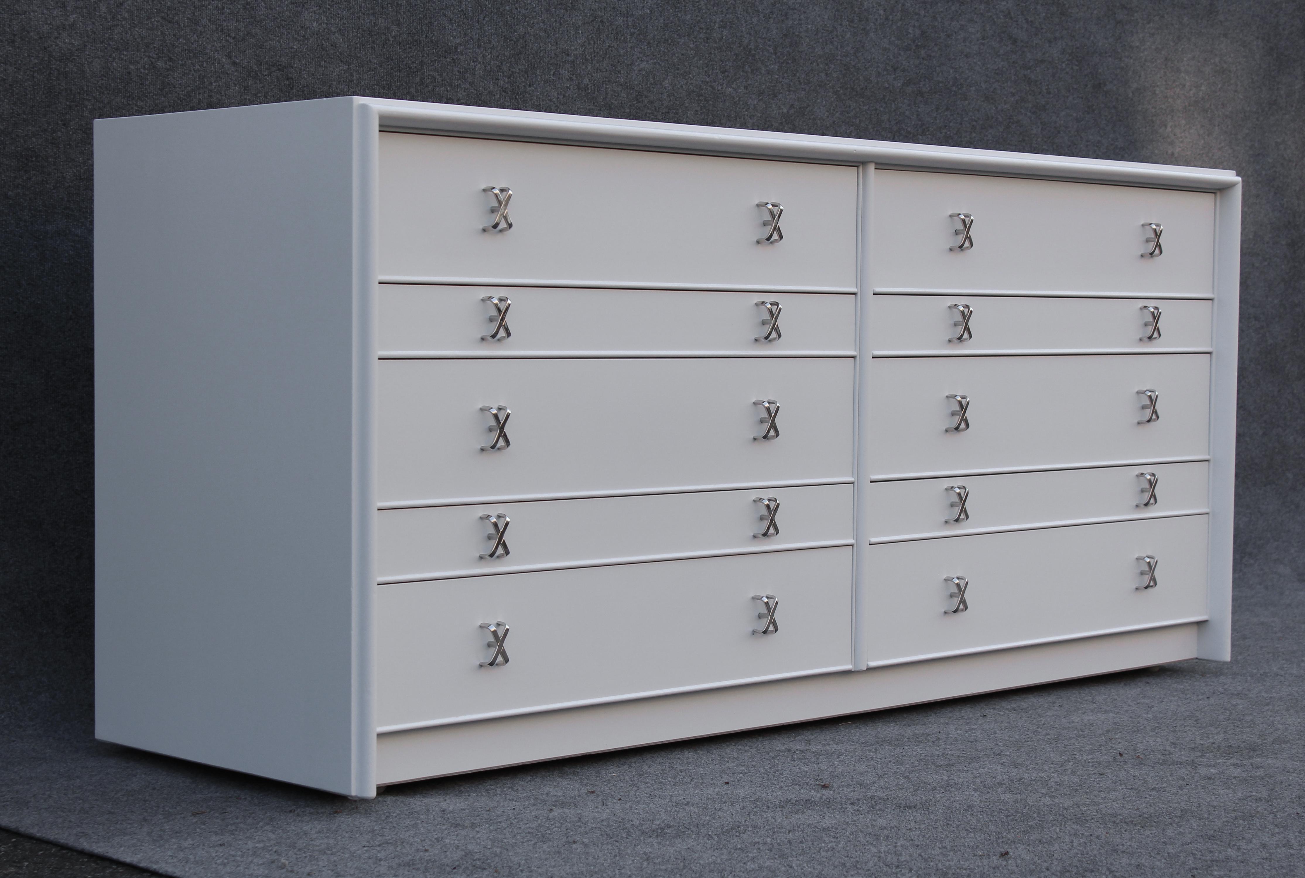 American Refinished Paul Frankl for John Stuart Large 12-Drawer Dresser in White & Nickel For Sale