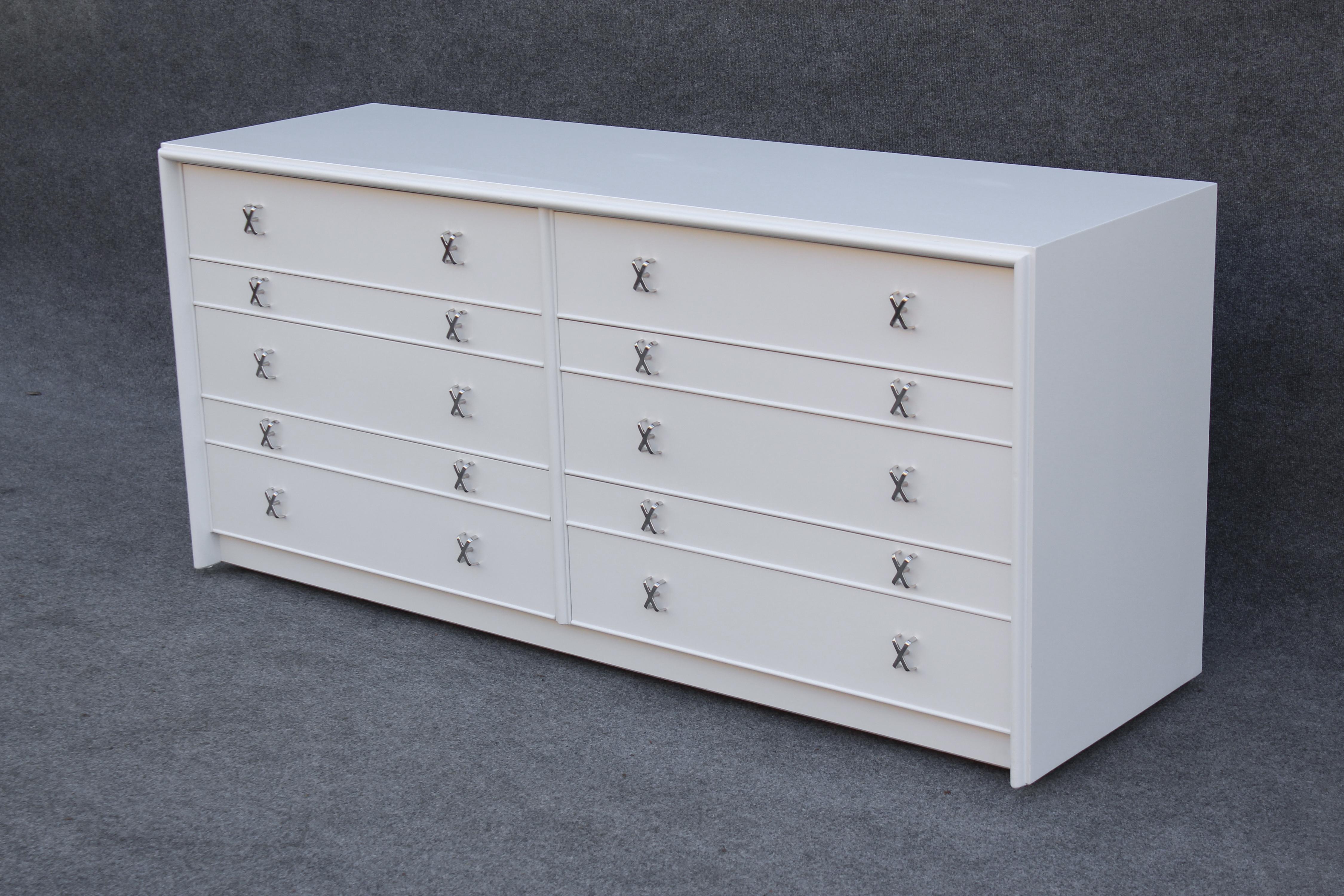 Mid-20th Century Refinished Paul Frankl for John Stuart Large 12-Drawer Dresser in White & Nickel For Sale
