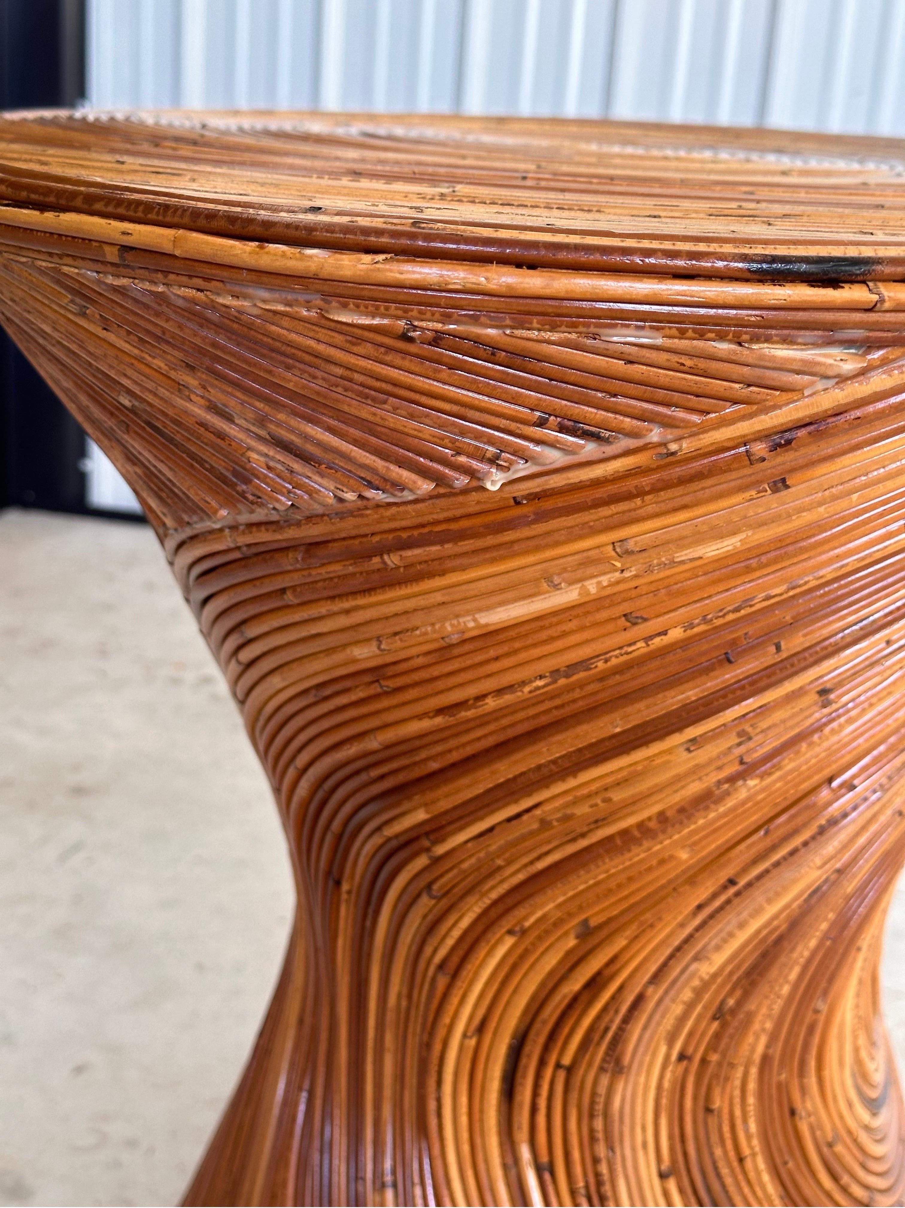 Organic Modern Refinished Pencil Reed Rattan Hourglass Dining Table Base or Console