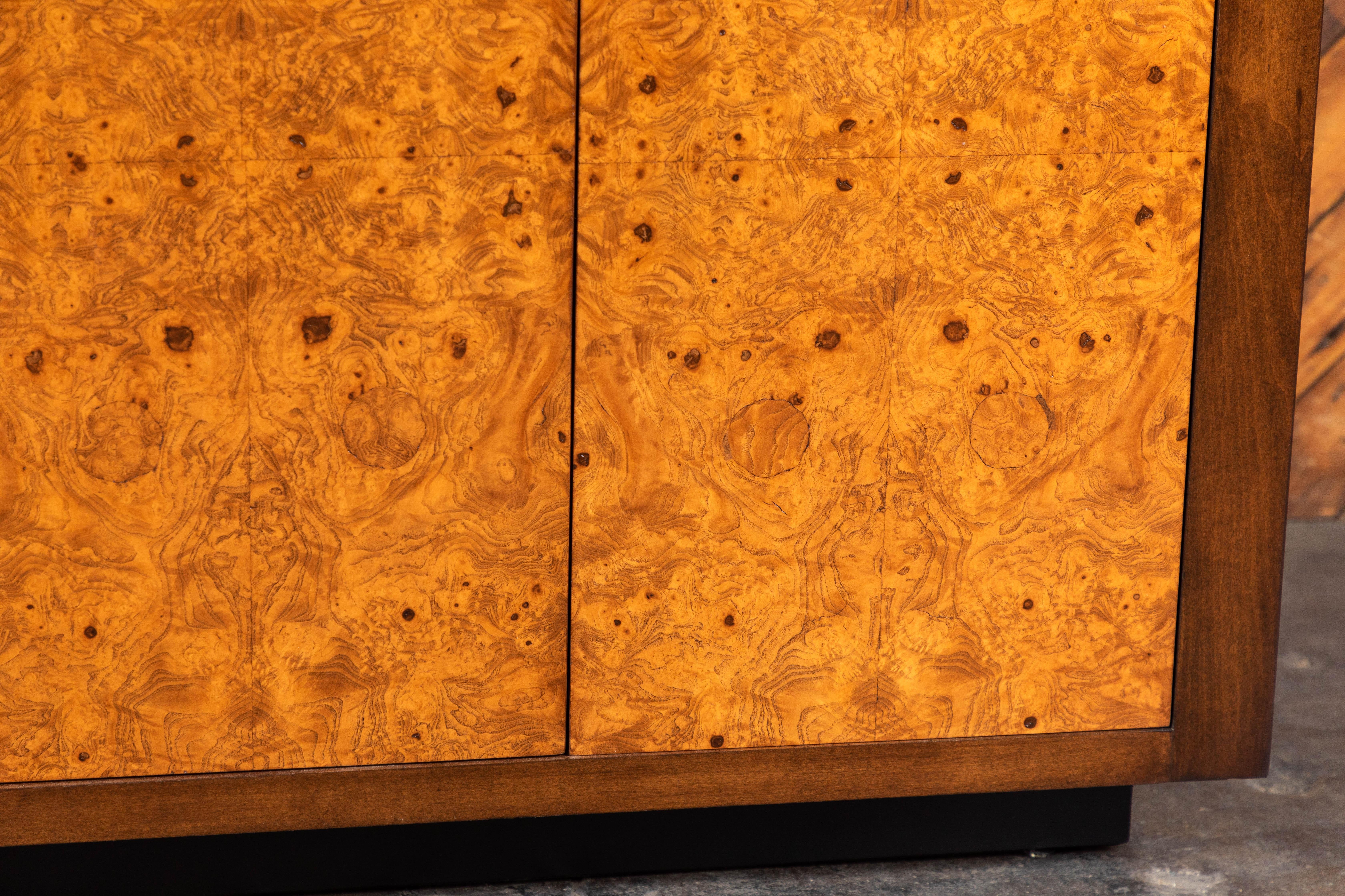 Refinished Vintage Burl and Brass Credenza by Century Furniture In Excellent Condition For Sale In santa monica, CA
