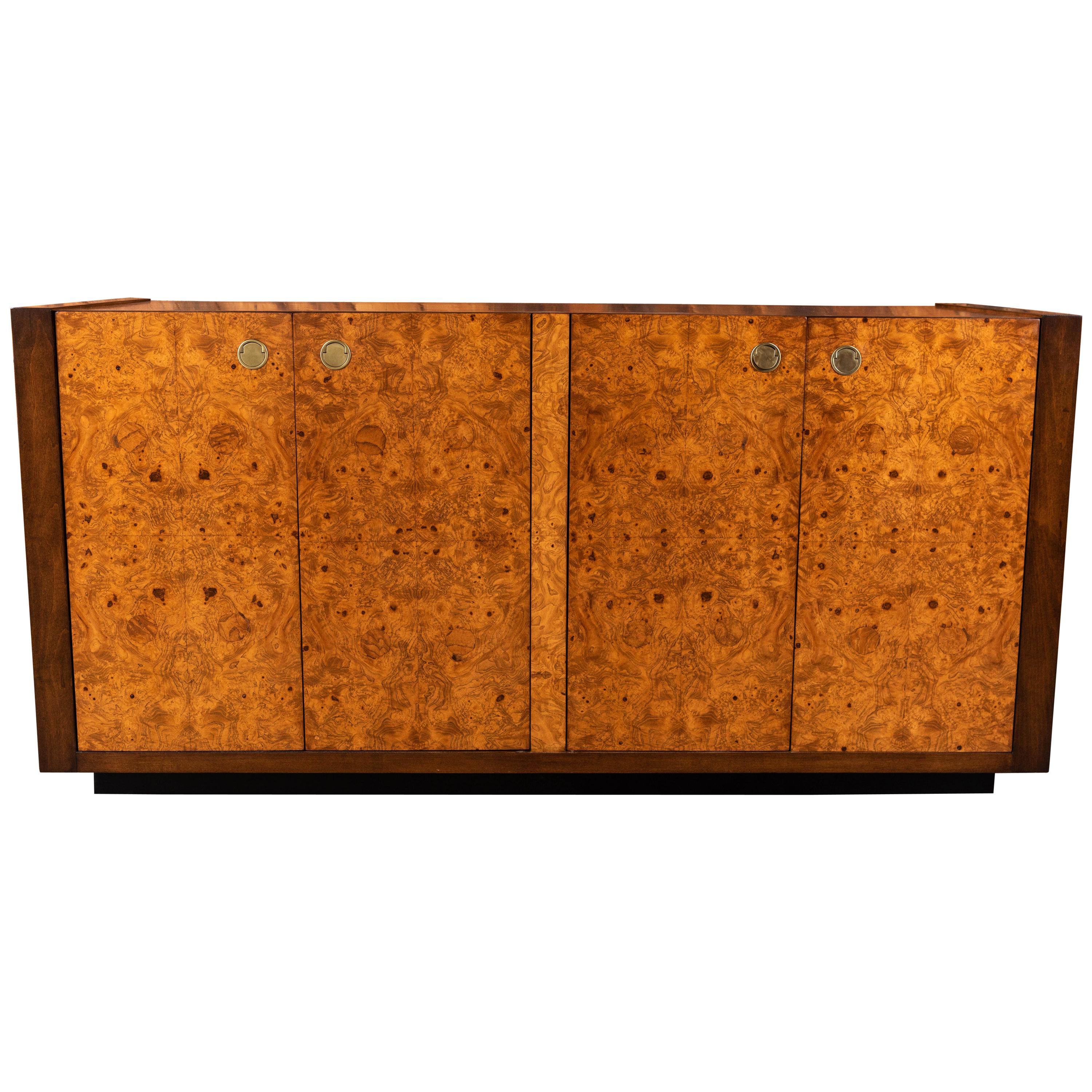 Refinished Vintage Burl and Brass Credenza by Century Furniture For Sale