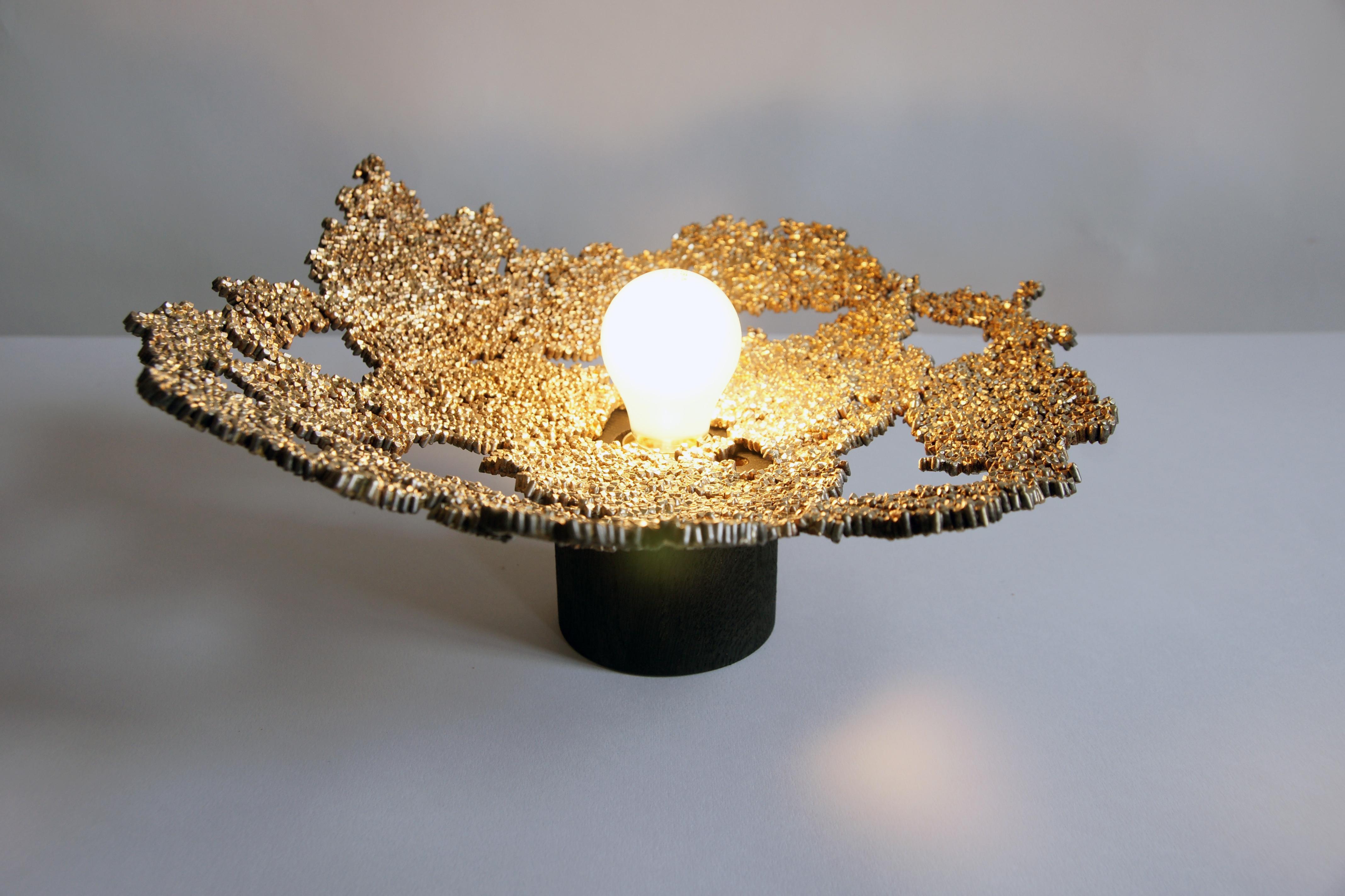 Reflect 2 by Johannes Hemann
Materials: Brass, steel, oak
Dimensions: Ø 36 x H 16 cm.

The wall- ceiling - floor light reflect#2 is made from hundreds of 3mm steel wires. The steel wire is cut into tiny pieces by hand. Each and every wire piece