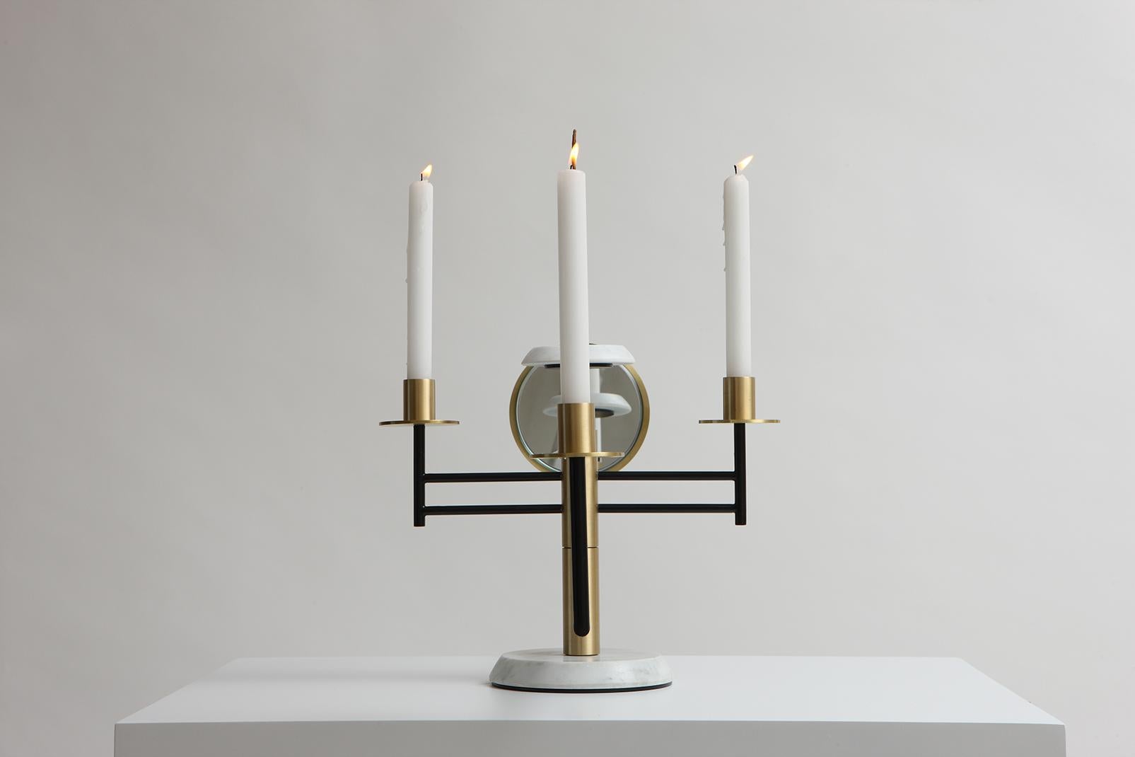 Lebanese Reflect Candelabra in Steel, Brass, Mirror and Carrara Marble by Studio A For Sale
