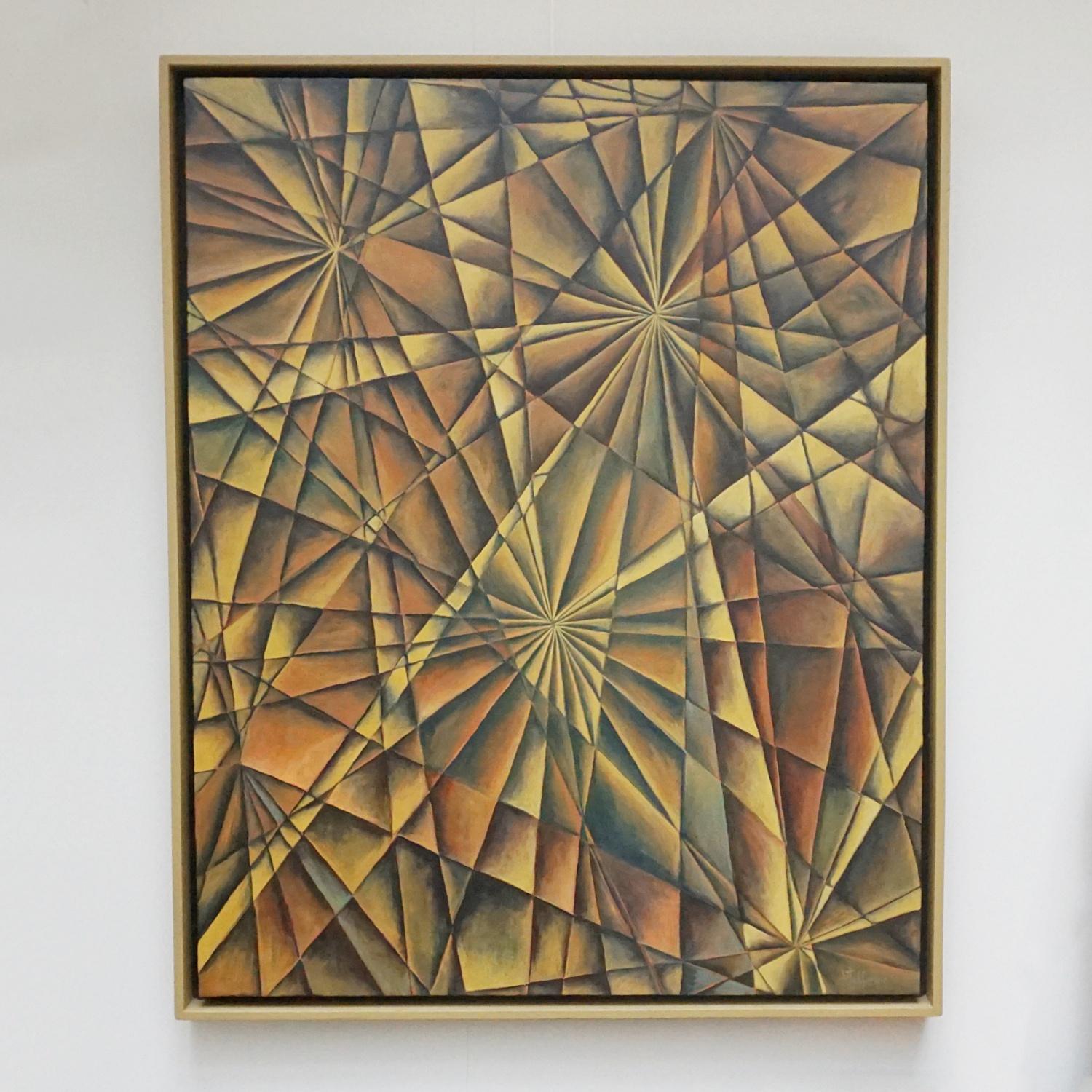 An Art Deco Style Contemporary painting by Vera Jefferson depicting an abstract geometric pattern. Signed V Jefferson to lower right. 

Dimensions: H 79.5cm W 64cm D 6cm

Origin: English

Date: Contemporary 

Vera Jefferson trained at