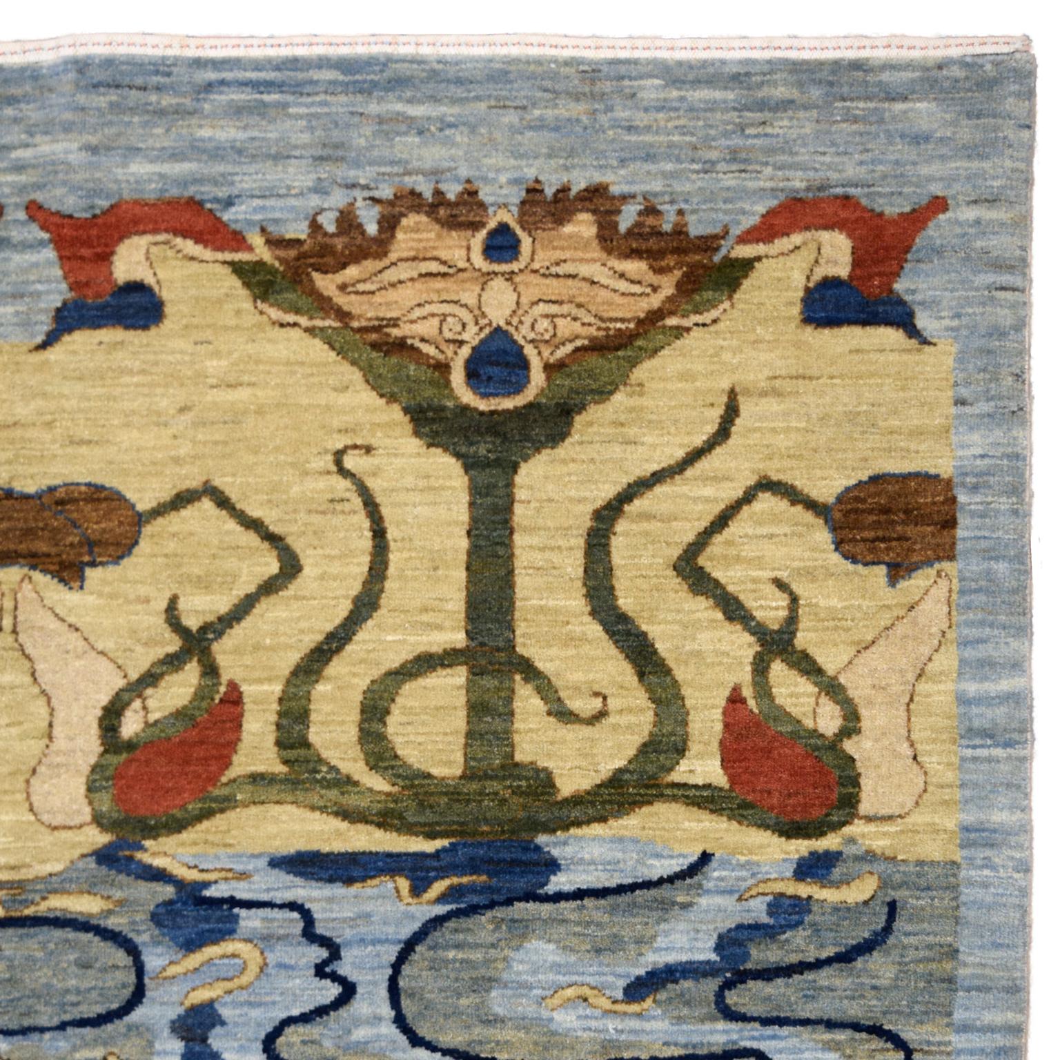 Art Nouveau - Water Inspired Wool Persian Rug, Blue, Green, Red, Gold, 5' x 7' In New Condition For Sale In New York, NY