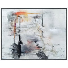 "Reflejos", pintura abstracta en blanco, negro y gris de Kathi Robinson Frank