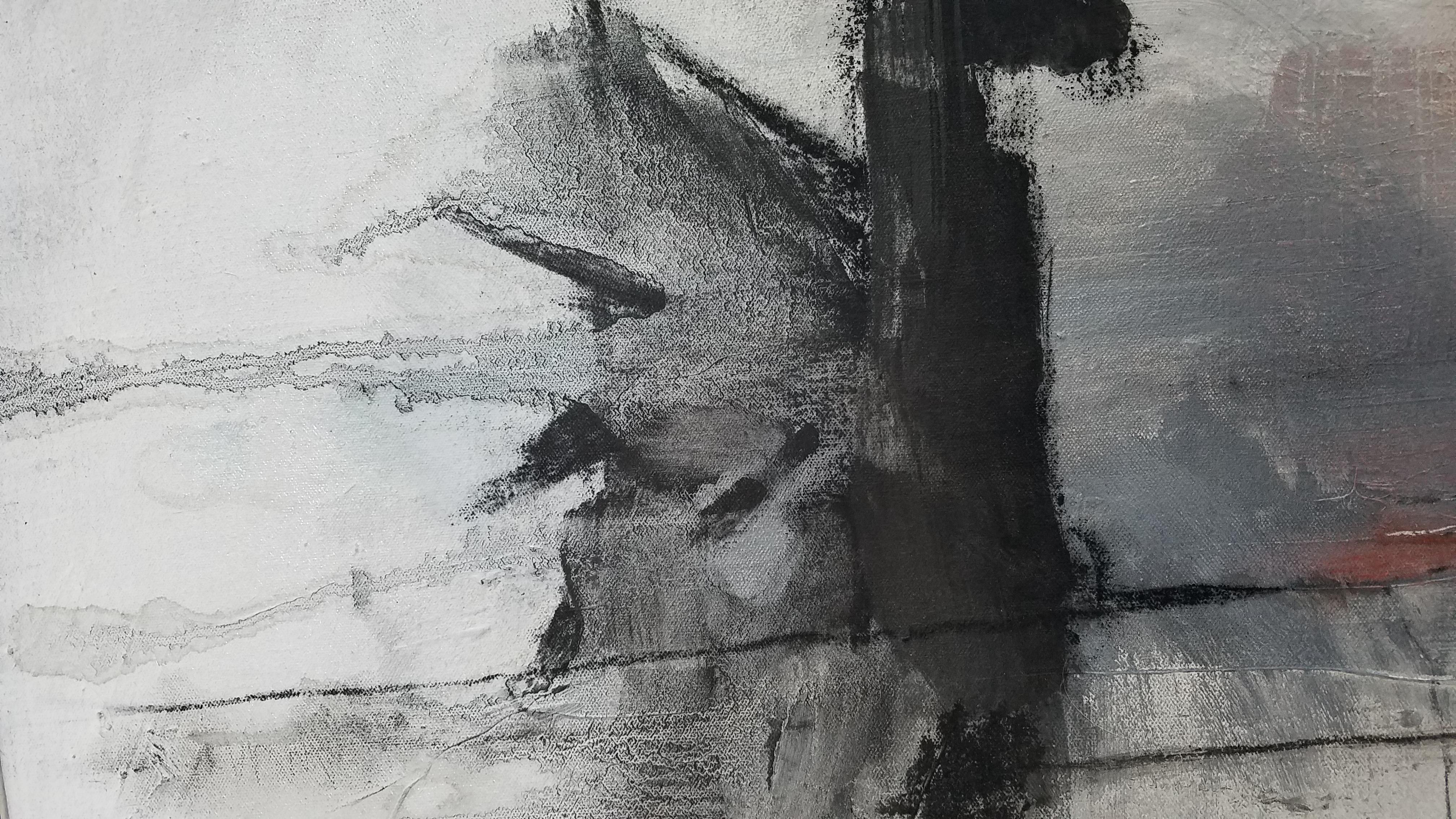 Américain « Reflections », peinture abstraite noire, blanche et grise de Kathi Robinson Frank en vente