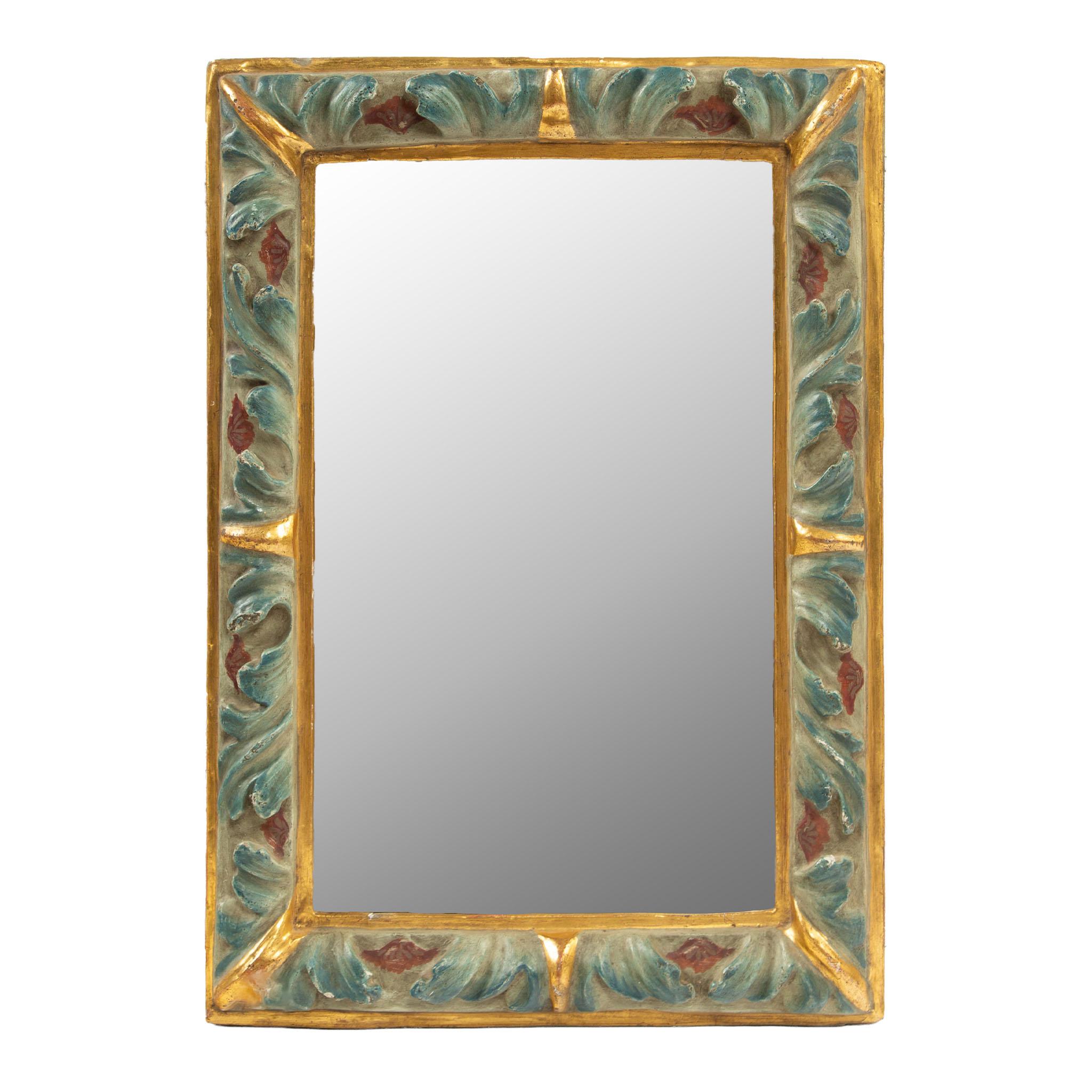 19th Century Polychrome and Gilt Framed Mirror

A charming 19th century wall mirror with a rectangular frame crafted from plaster and finished in gilding, enriched with polychrome decoration. The frame features hand-painted foliate motifs in soft