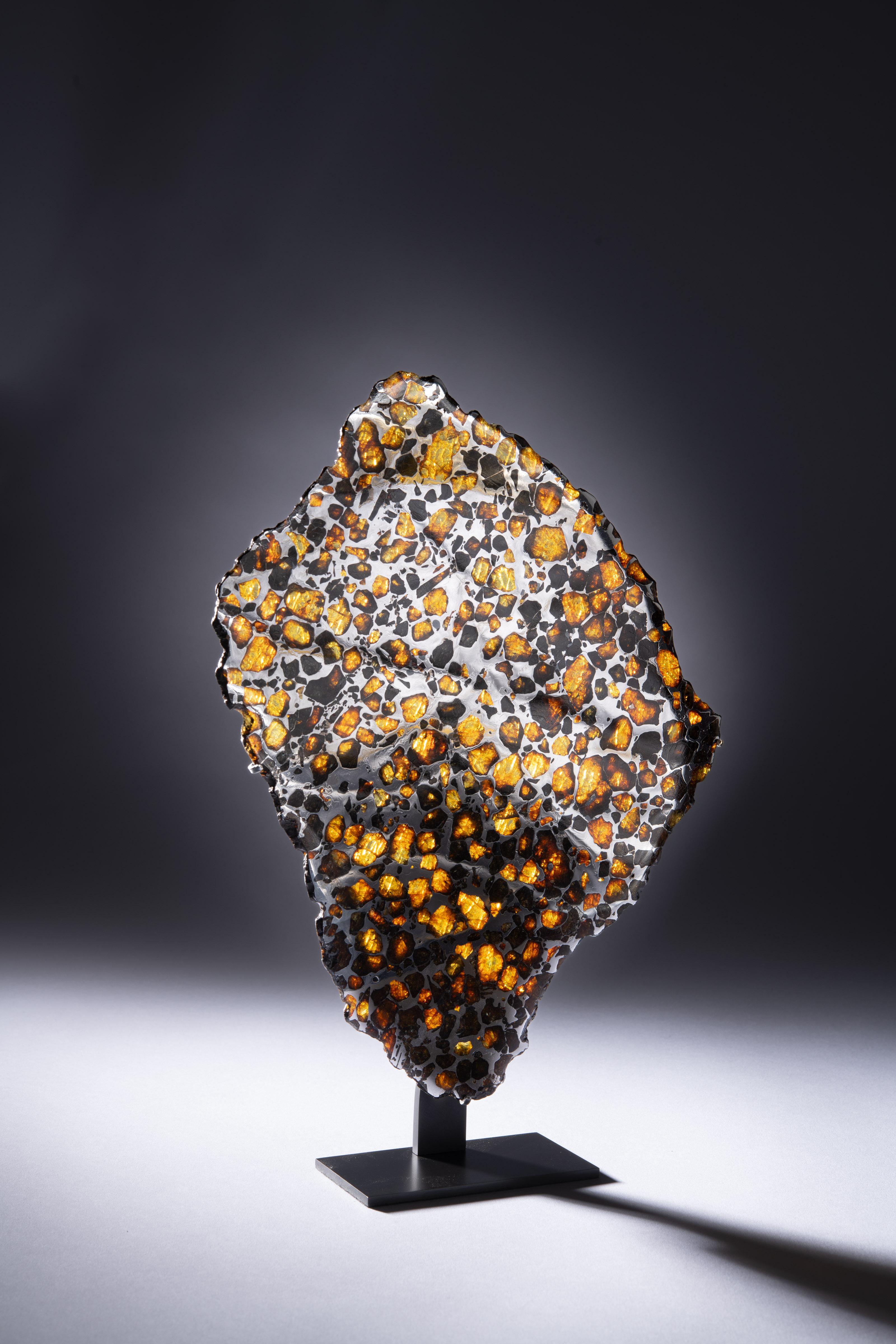 Iron Reflective Meteorite Slice with Peridot Crystals For Sale