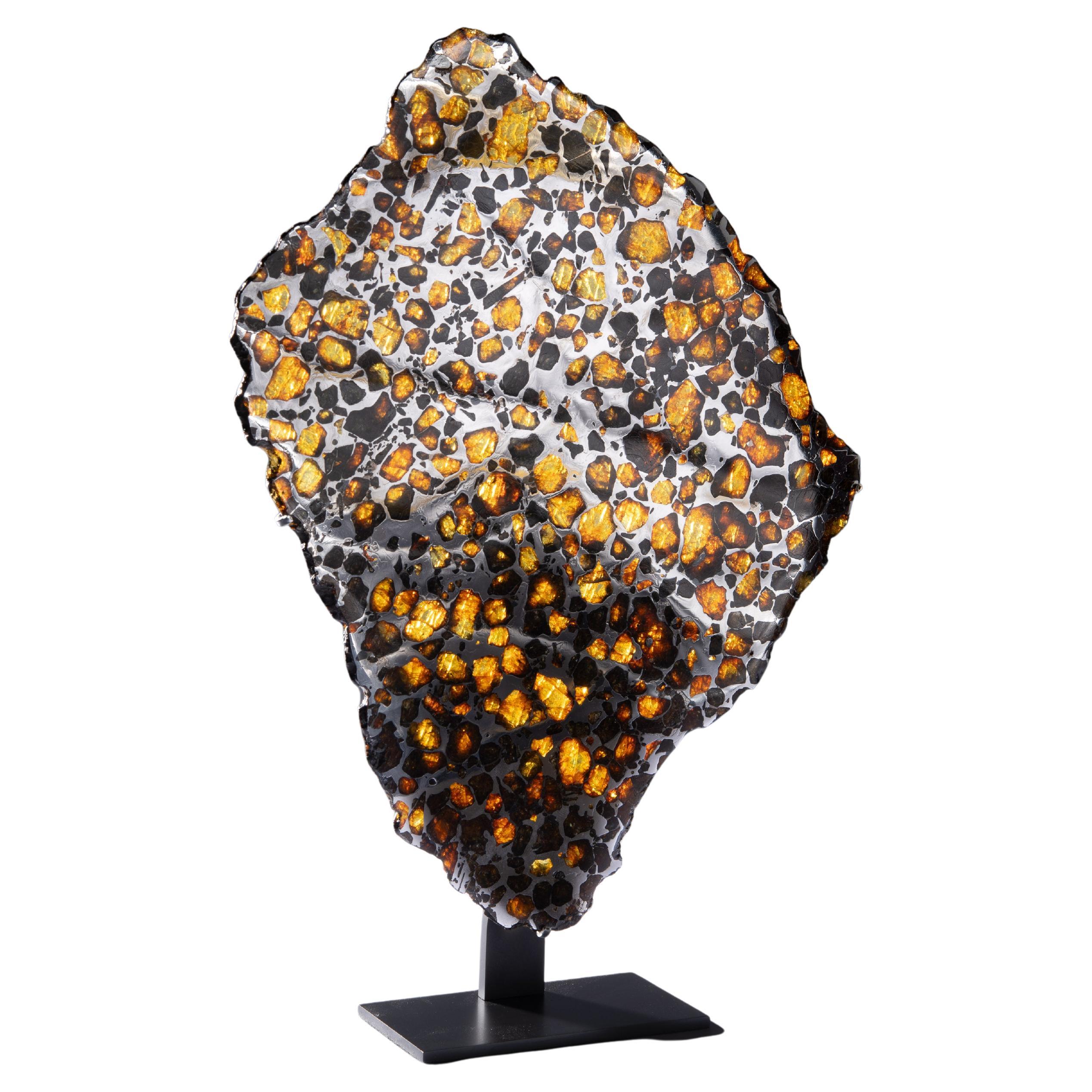 Reflective Meteorite Slice with Peridot Crystals For Sale