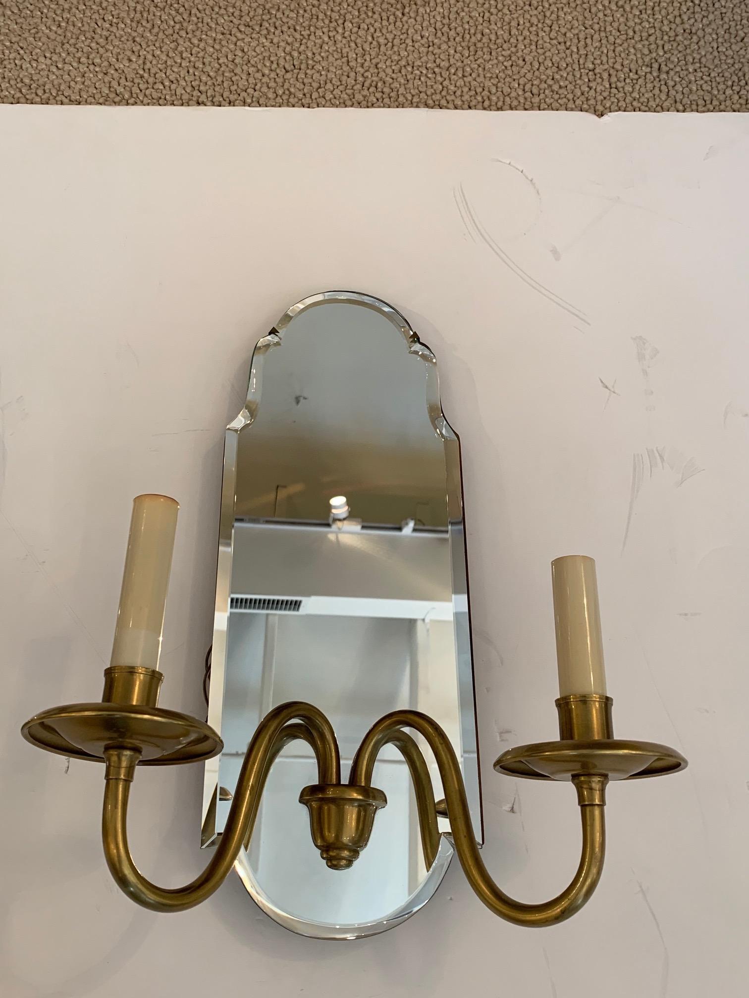 Reflective Pair of Mirrored and Brass Electrified Candle Sconces 5