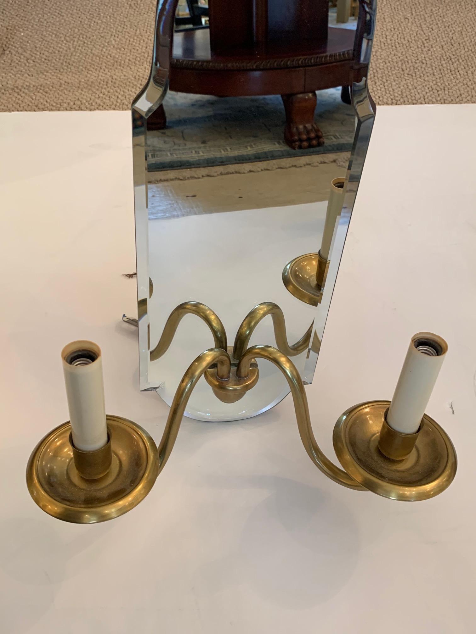 Reflective Pair of Mirrored and Brass Electrified Candle Sconces 1
