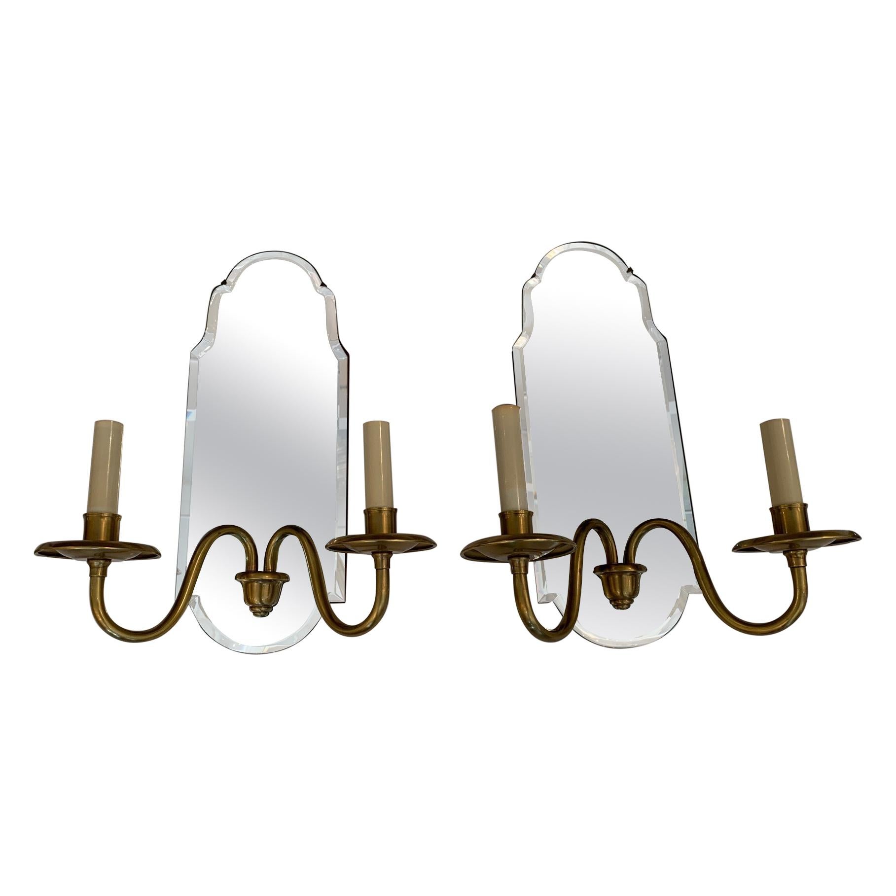 Reflective Pair of Mirrored and Brass Electrified Candle Sconces