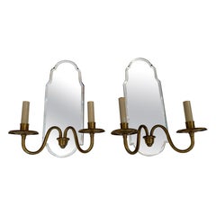 Reflective Pair of Mirrored and Brass Electrified Candle Sconces