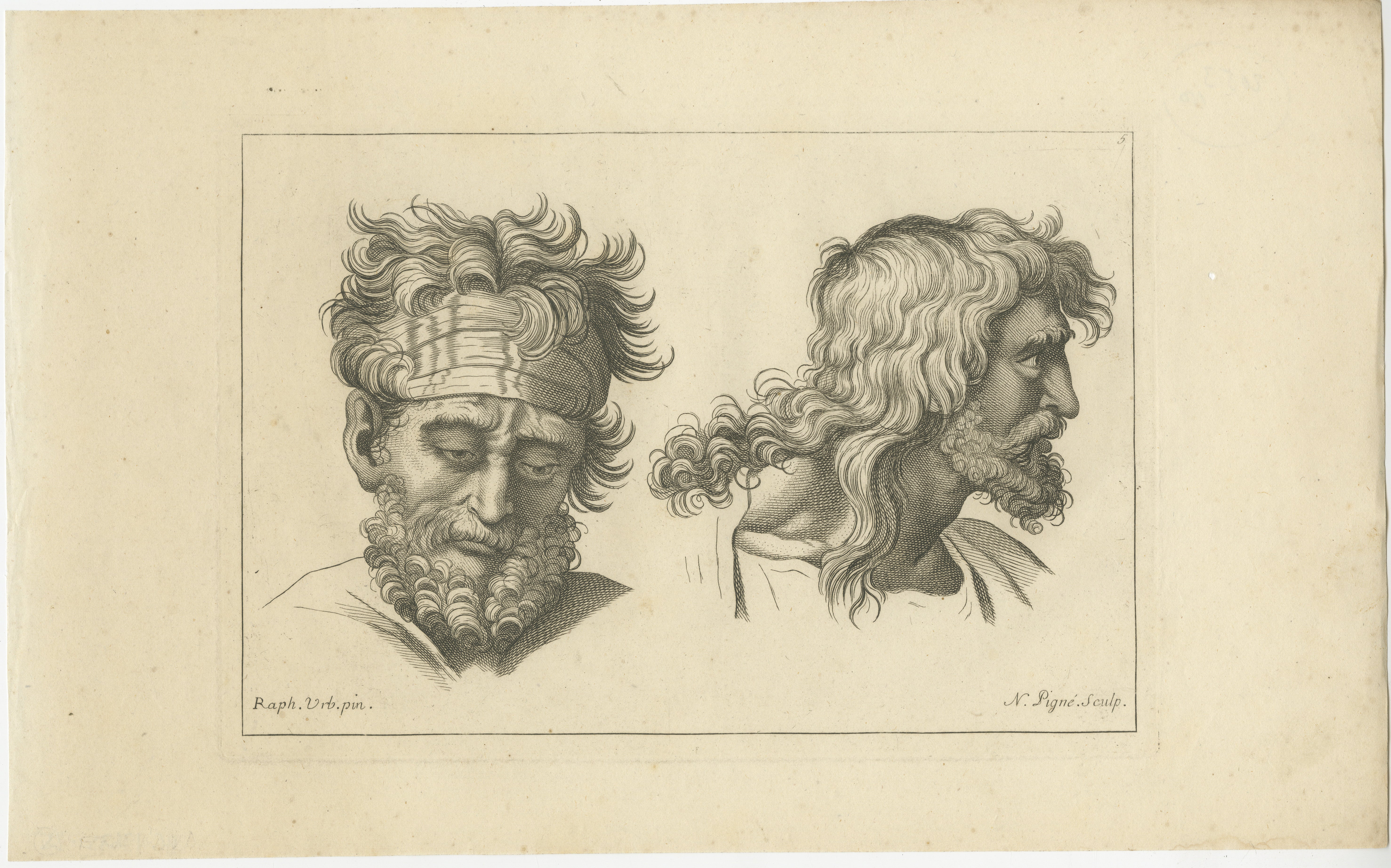 The engraving presented here exhibits two male figures, each bearing a unique expression and hairstyle, likely echoing the artistic style of Raphael's Renaissance works. On the left, we see a figure with a headband wrapped around his forehead, his