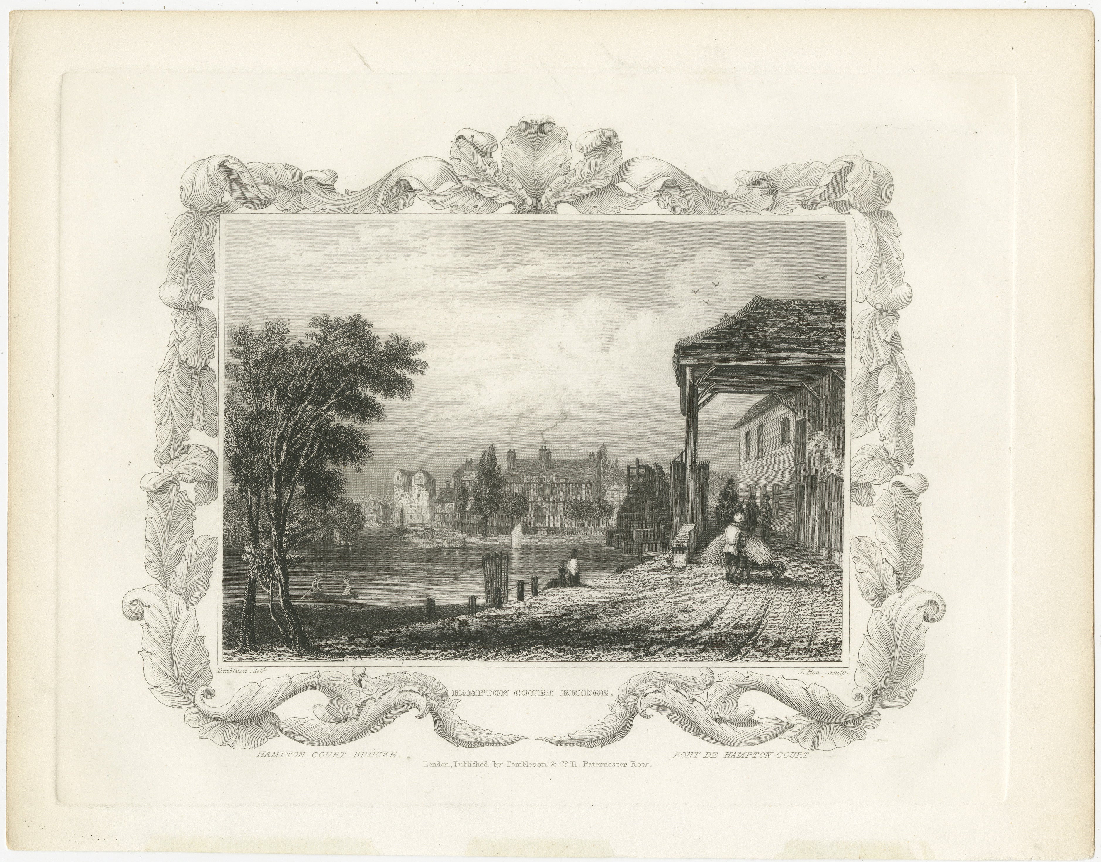 A detailed engraving of Hampton Court Bridge, situated on the River Thames near the palace of Hampton Court. 

This artwork displays a serene scene of the riverside with the bridge in the distance and a building to the right foreground, likely a