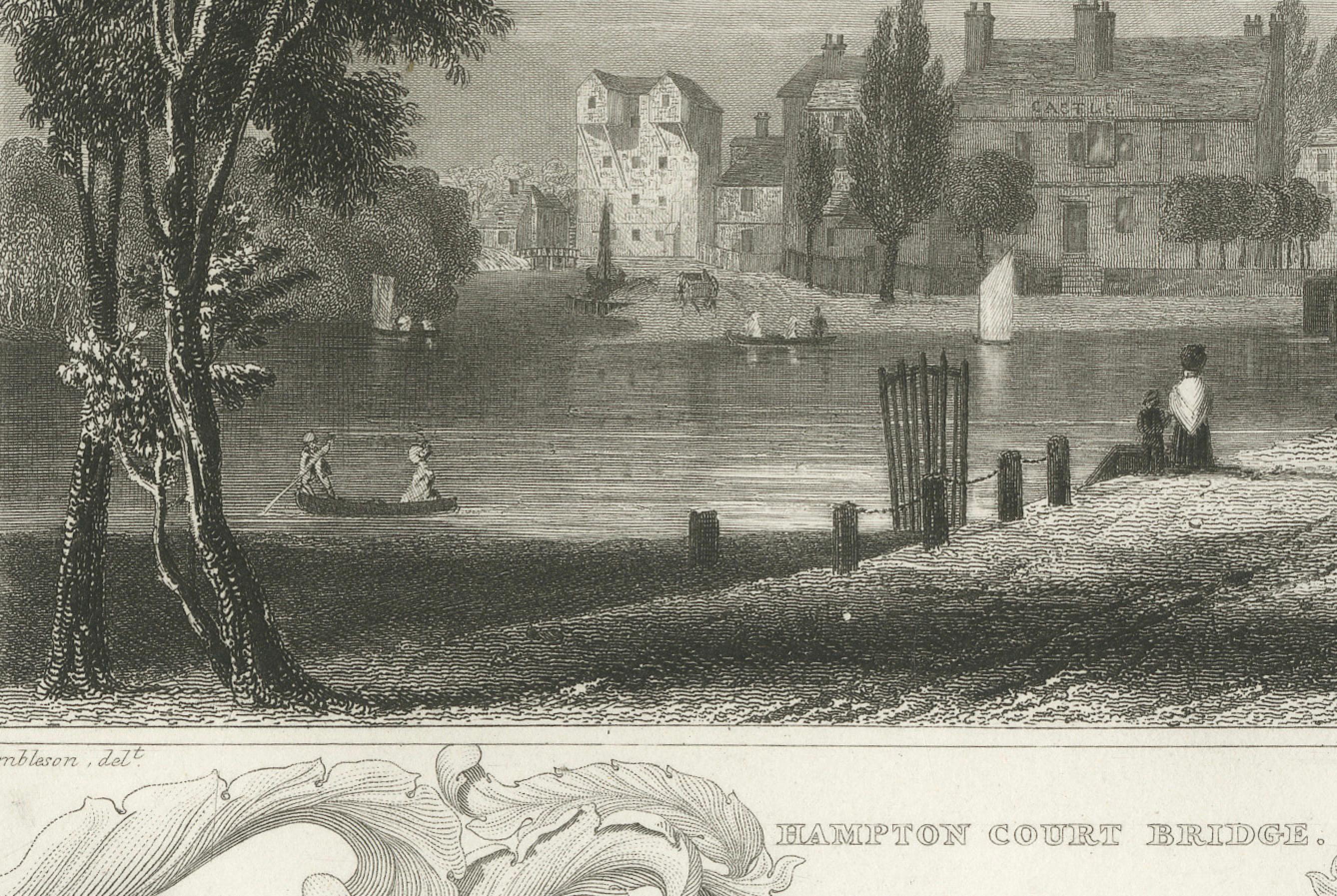 Reflective Waters and Bygone Days: The Hampton Court Bridge Engraving, 1835 In Good Condition For Sale In Langweer, NL
