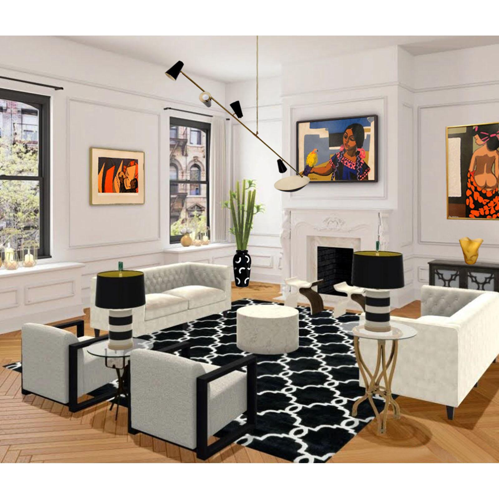 A striking example of contemporary lighting design, this sculptural ceiling fixture evokes mid-century modern elegance with a minimalist twist. 
Dimensions:
circa 190 cm length, 80 cm height.
Featuring a central vertical rod anchored by a conical