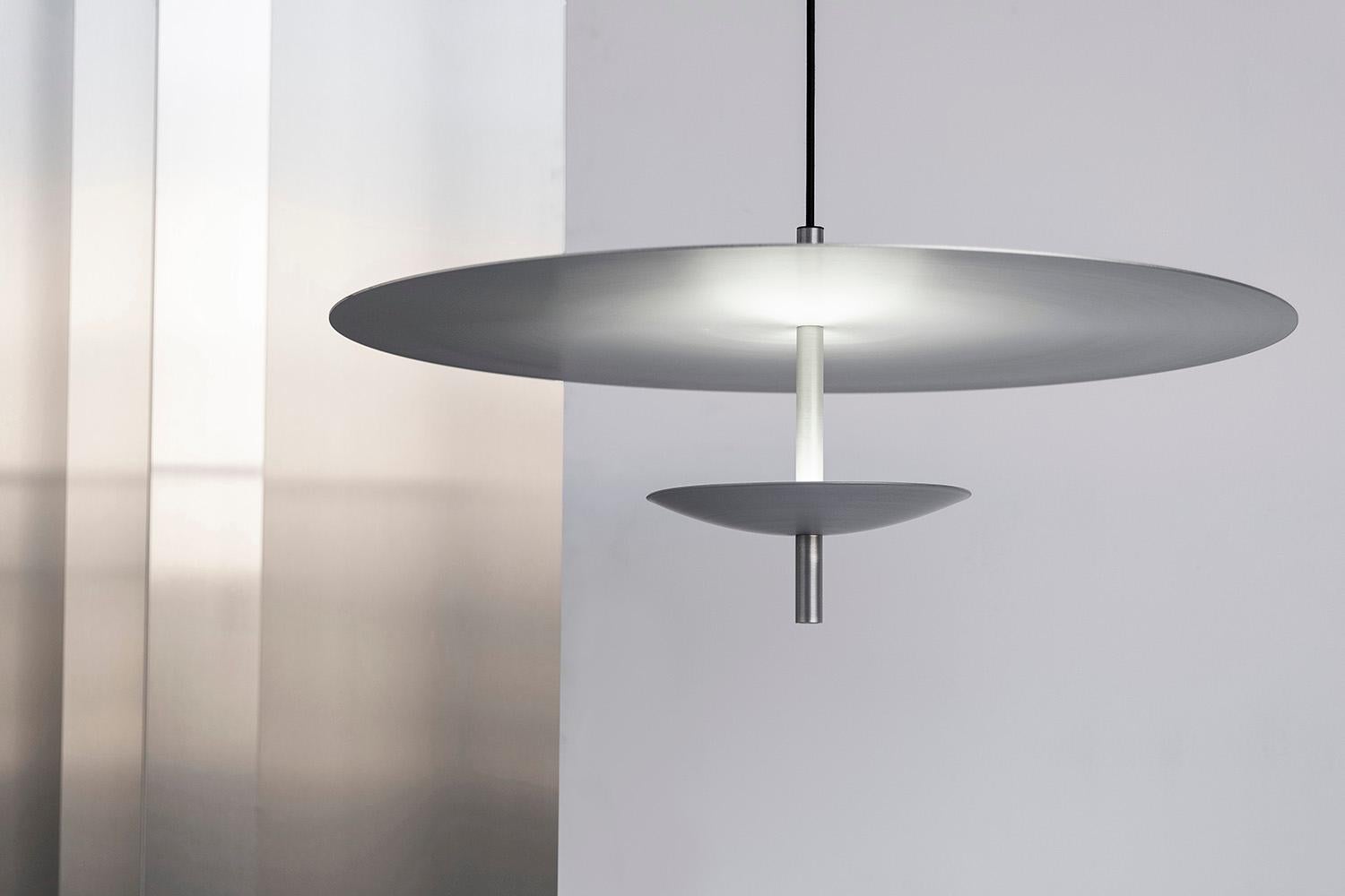 Contemporary Reflector LED Pendant Light, Anodised Aluminum, Silver, White Shade For Sale