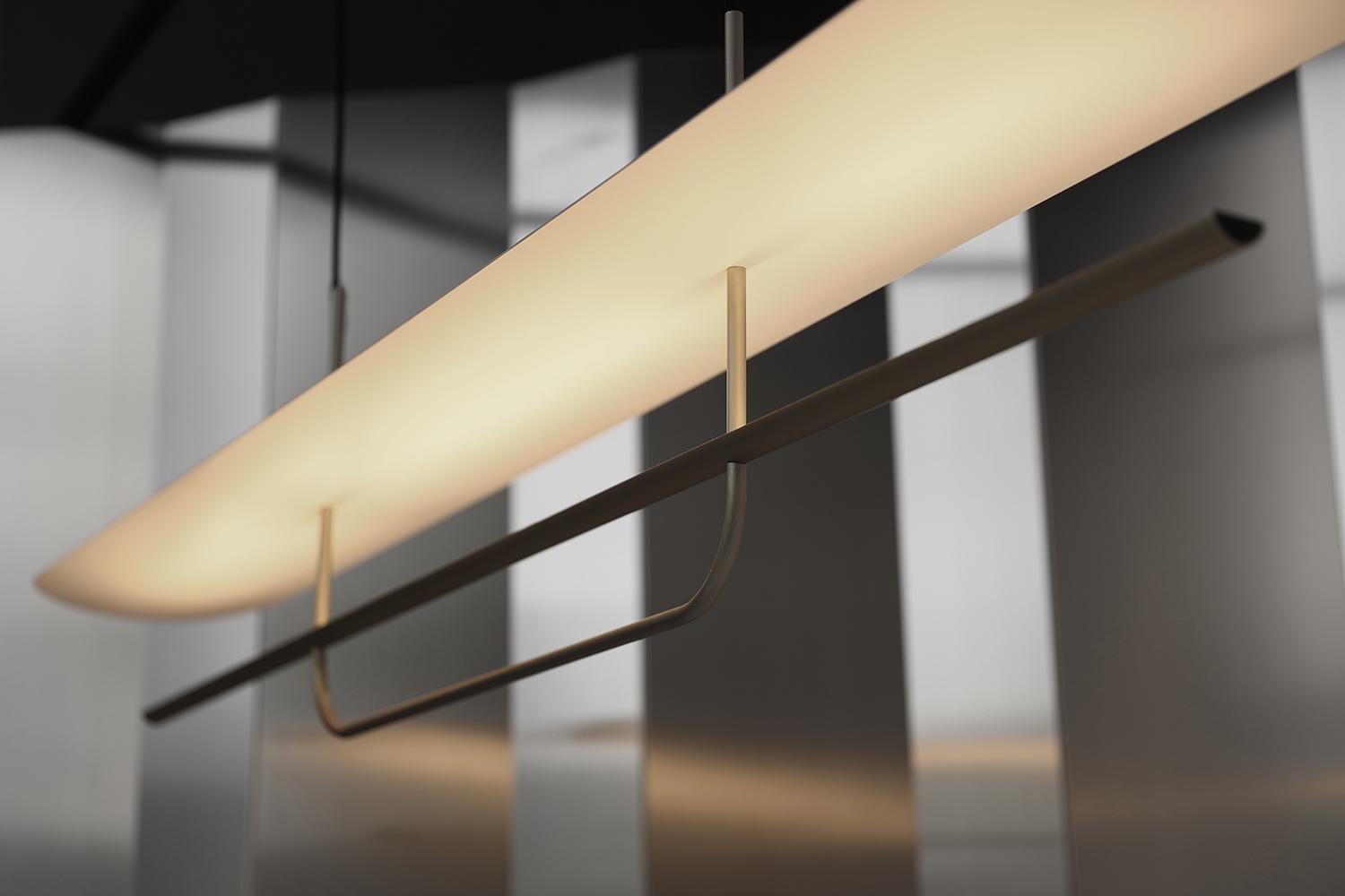 Modern Reflector Linear LED Anodized Aluminum Pendant Light, Satin Gold / White Shade For Sale