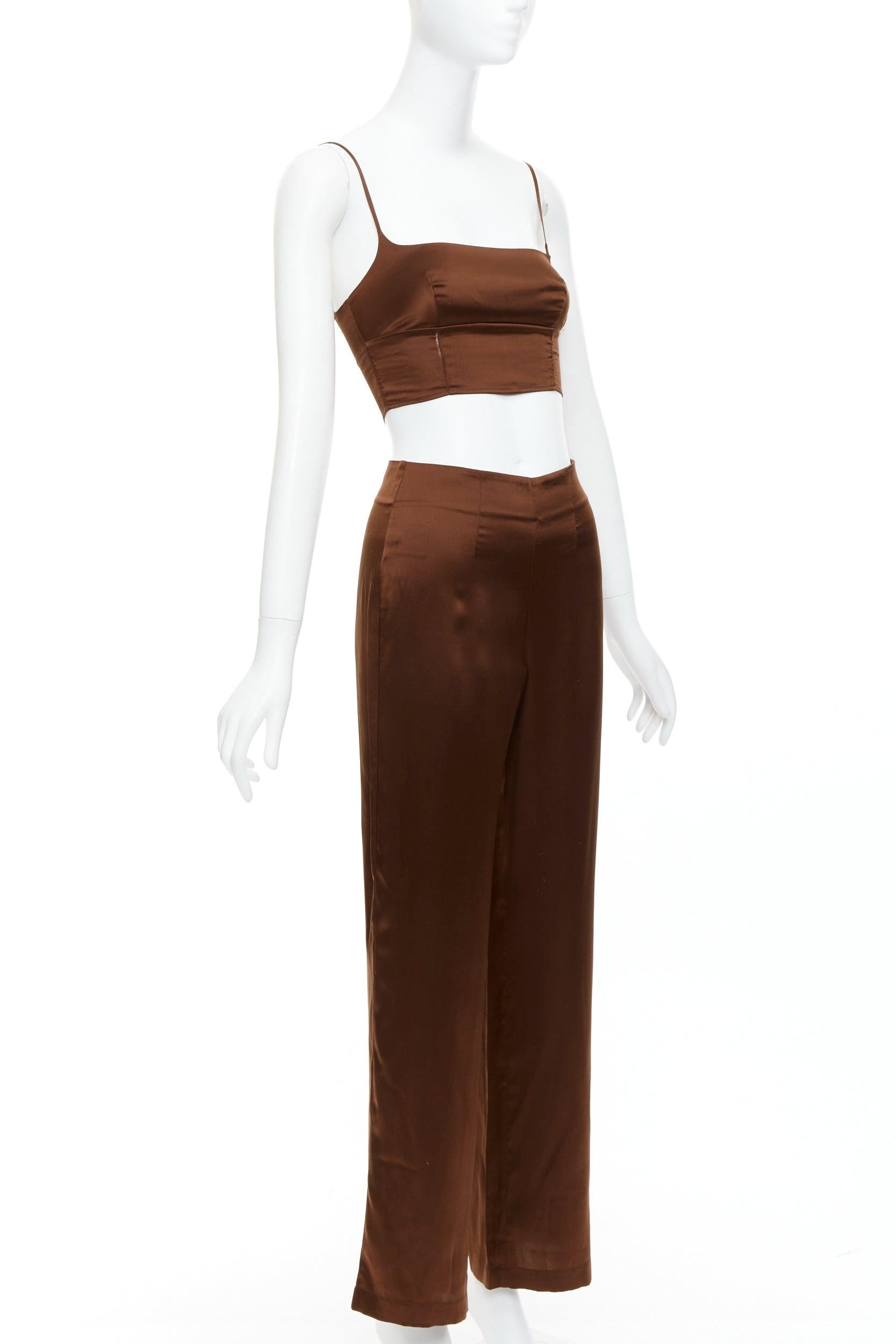 Marrone REFORMATION 100% seta marrone, top elasticizzato, pantaloni a gamba larga US0 XS in vendita