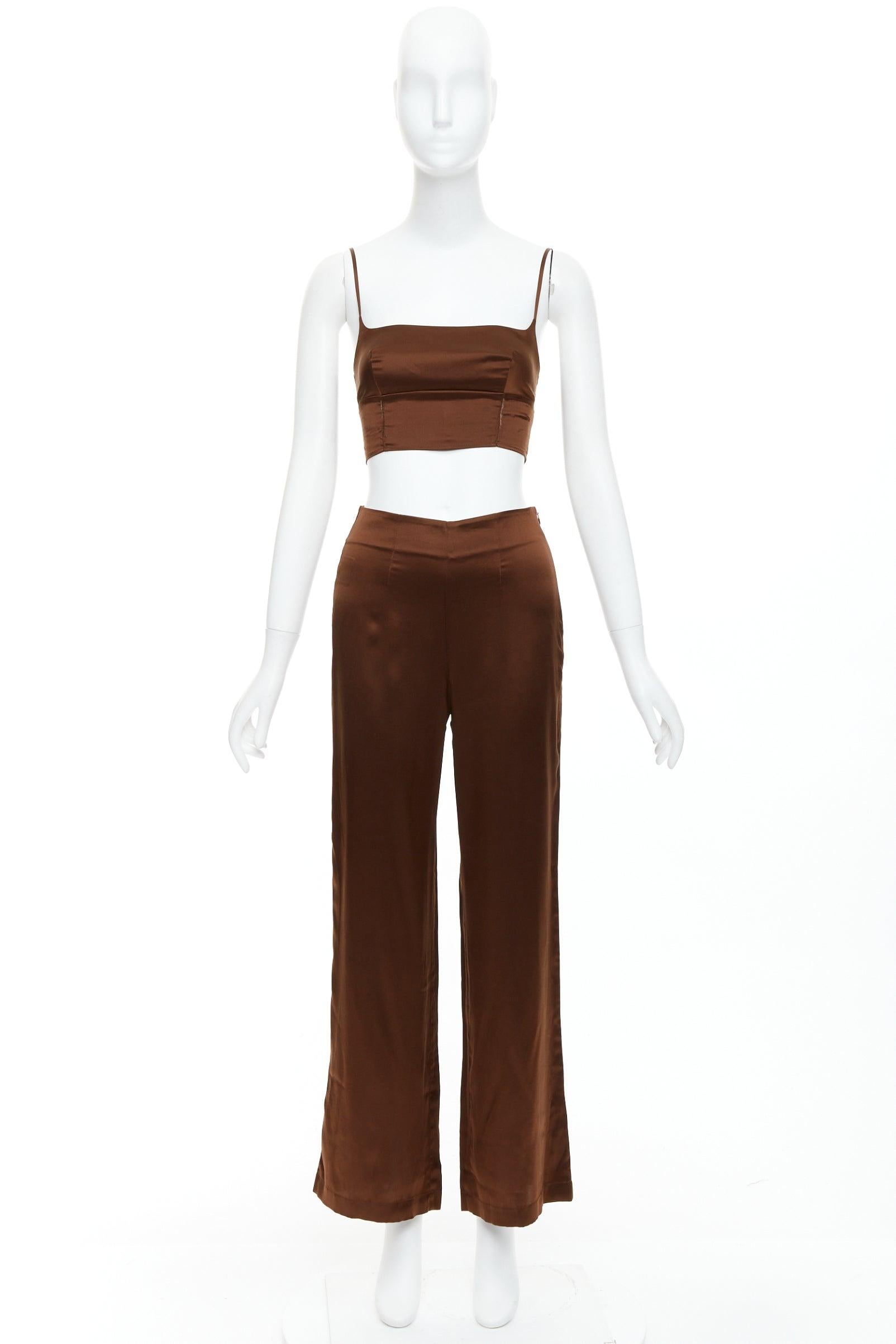 REFORMATION 100% seta marrone, top elasticizzato, pantaloni a gamba larga US0 XS in vendita 4