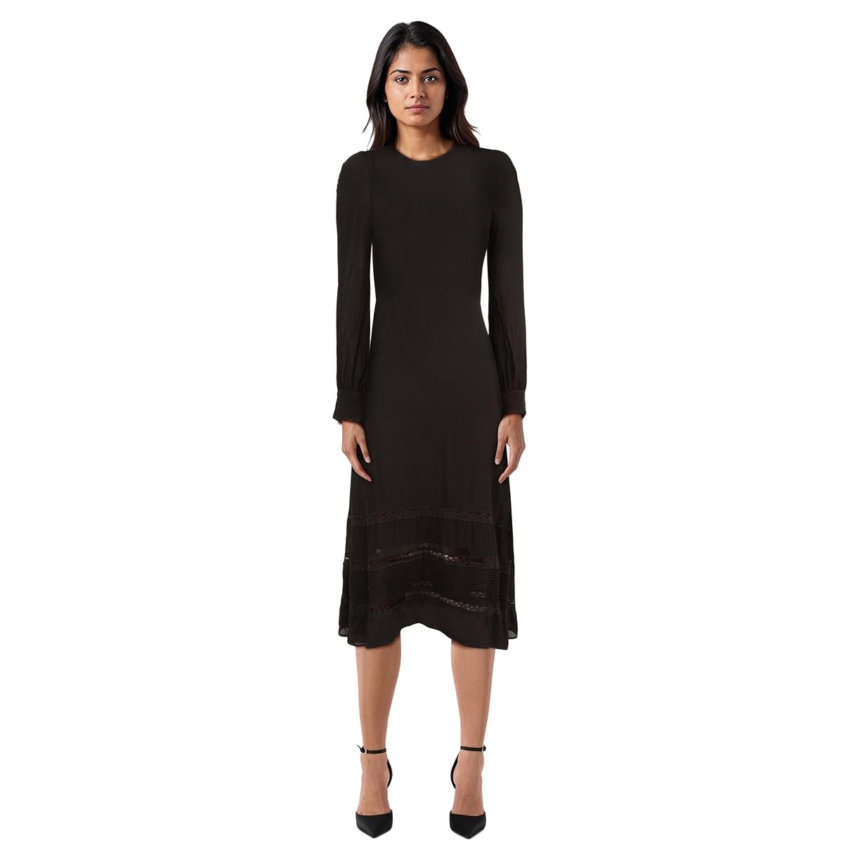 Reformation Black Long Sleeve Lace Detail Midi Dress Size M