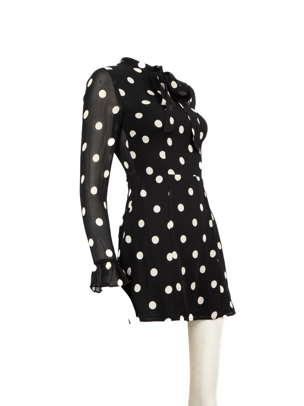 CONDITION is Never worn, with tags. No visible wear to is evident on this new Reformation designer resale item.
  
  
  
  Details
  
  
  Black
  
  Viscose
  
  Dress
  
  Polkadot pattern
  
  Mini
  
  Long see through sleeves
  
  Round neck
 