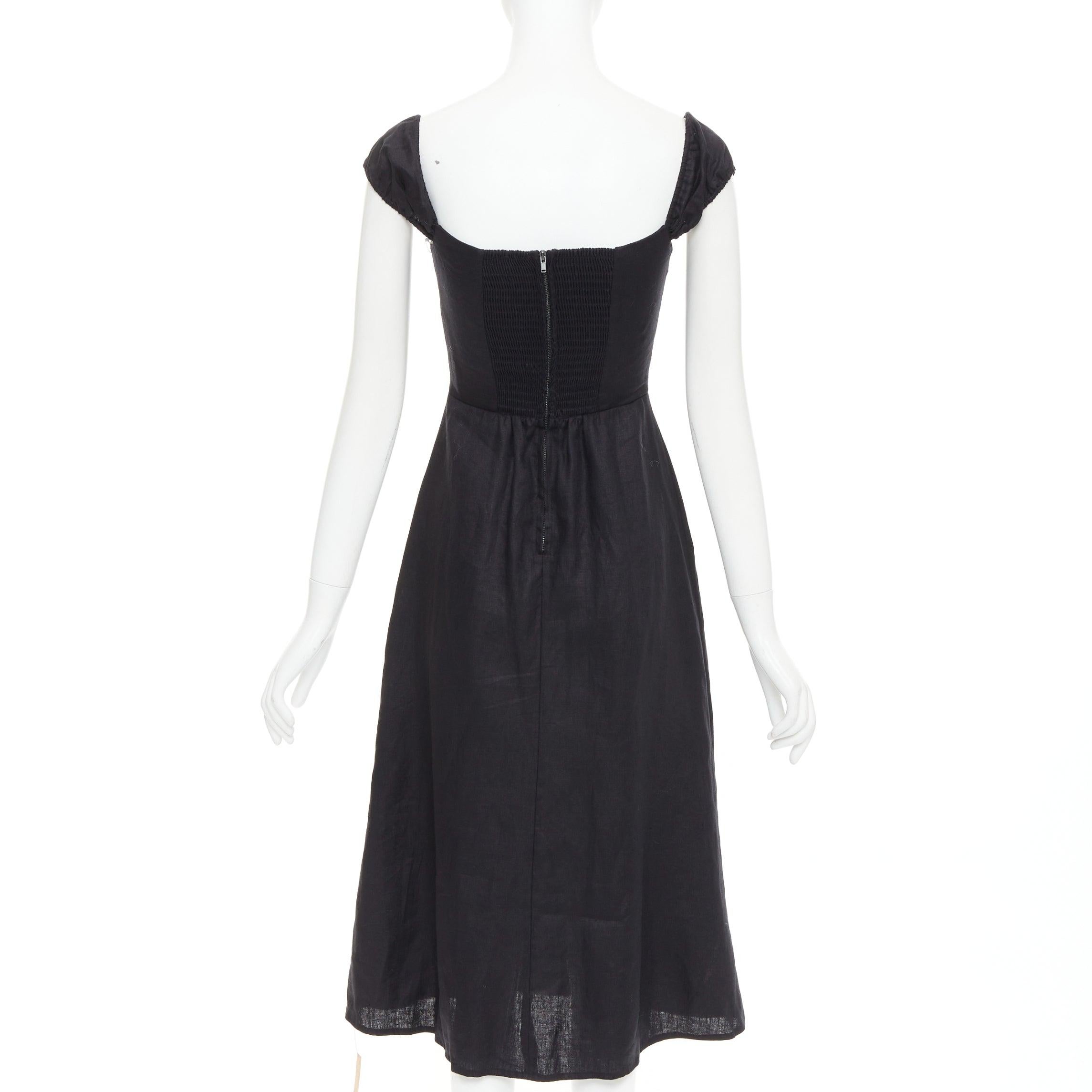 Donna REFORMATION Bridgton nero 100% lino con maniche a cappuccio e abito midi a cuore US2 S in vendita