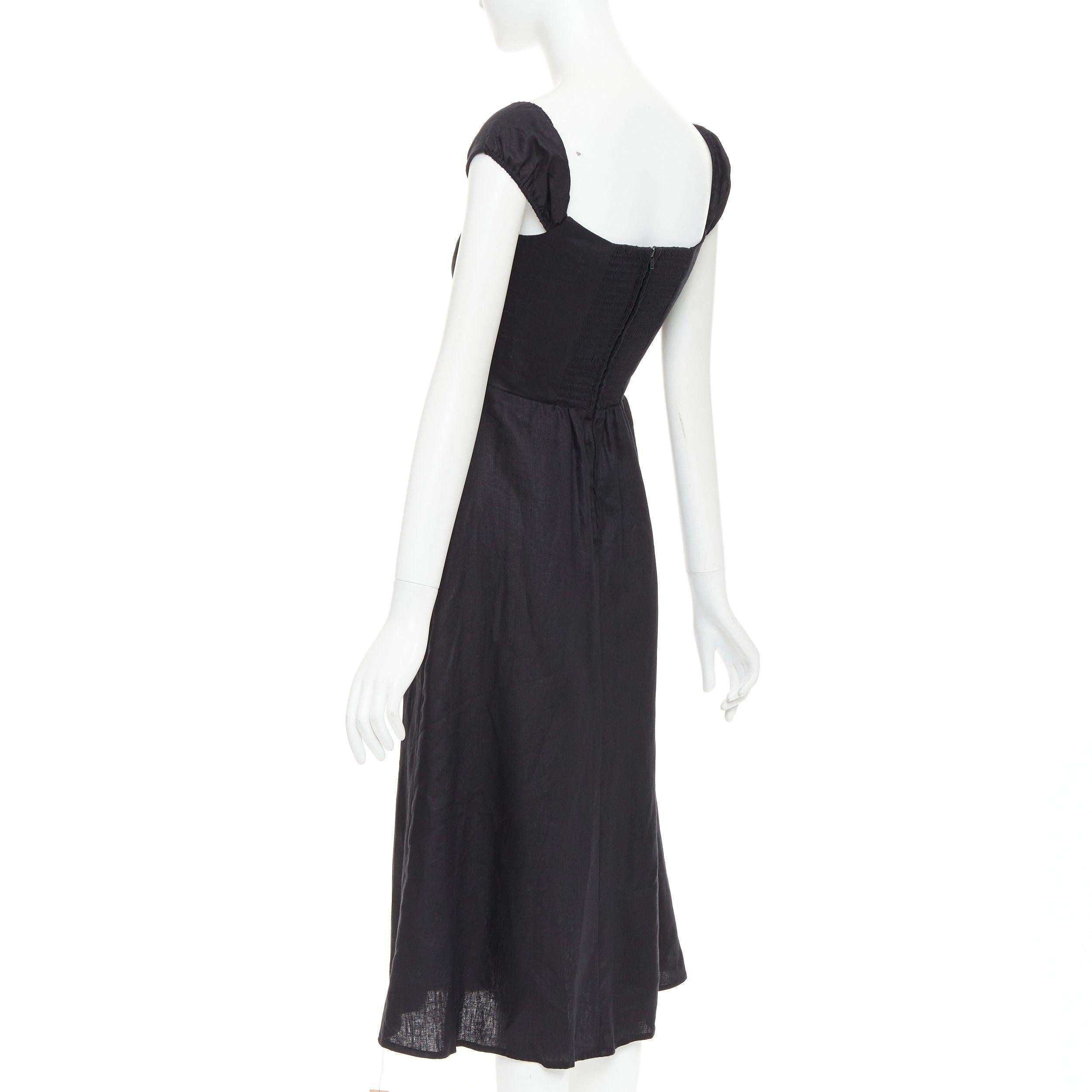 REFORMATION Bridgton nero 100% lino con maniche a cappuccio e abito midi a cuore US2 S in vendita 1