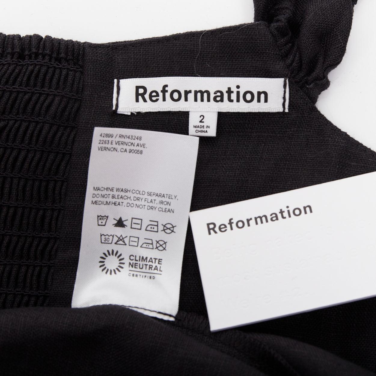 REFORMATION Bridgton nero 100% lino con maniche a cappuccio e abito midi a cuore US2 S in vendita 3