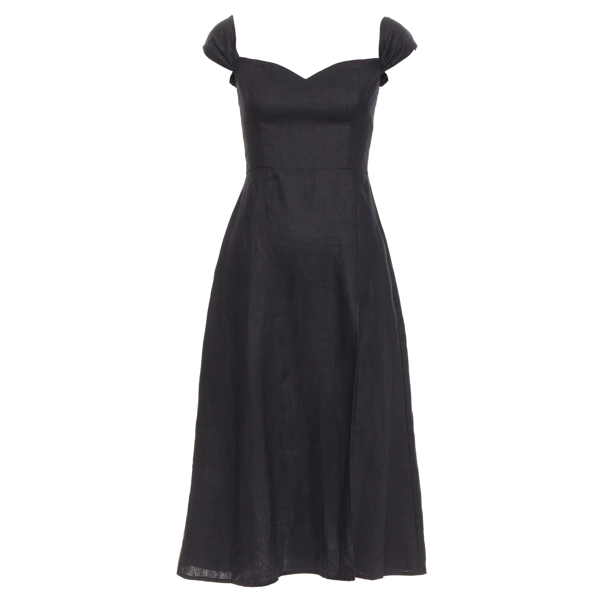 REFORMATION Bridgton nero 100% lino con maniche a cappuccio e abito midi a cuore US2 S in vendita