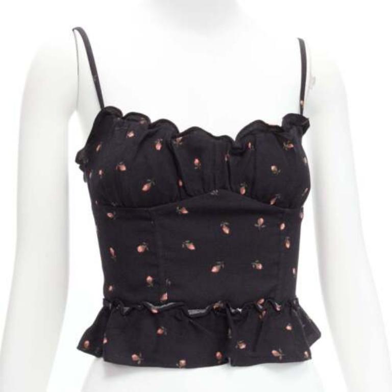 REFORMATION Clarice canotta con volant in crêpe nero stampato a rose rosse US0 XS in vendita 2