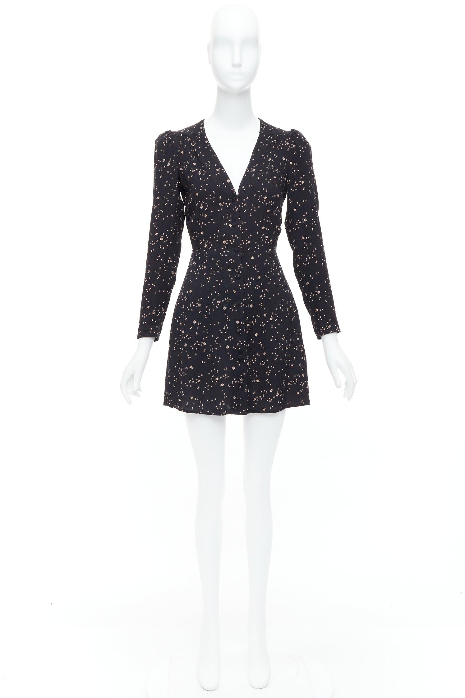 REFORMATION Courtney nero stampa stelle galattiche collo a V mini abito US2 S in vendita 4