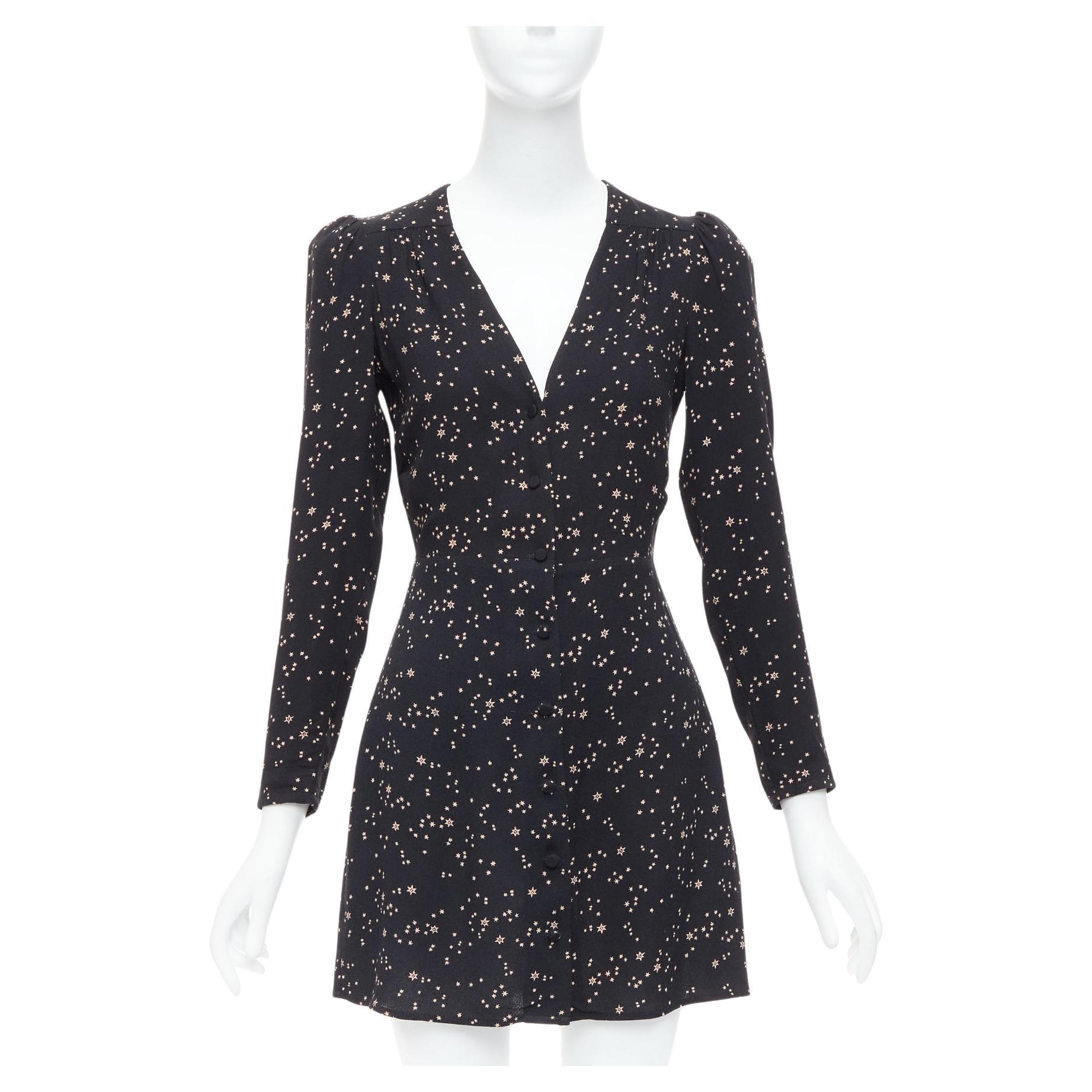 REFORMATION Courtney nero stampa stelle galattiche collo a V mini abito US2 S in vendita