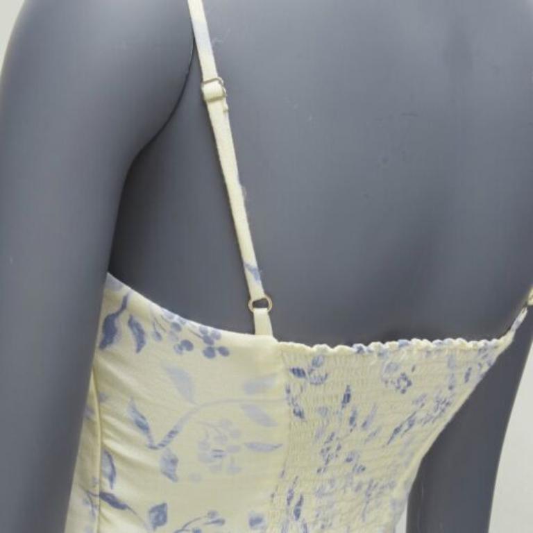 REFORMATION débardeur rétro à fronces imprimé floral bleu crème US2 S en vente 2