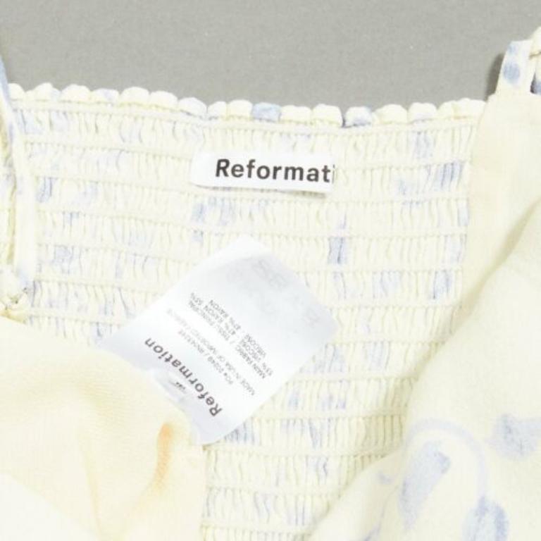 REFORMATION débardeur rétro à fronces imprimé floral bleu crème US2 S en vente 3