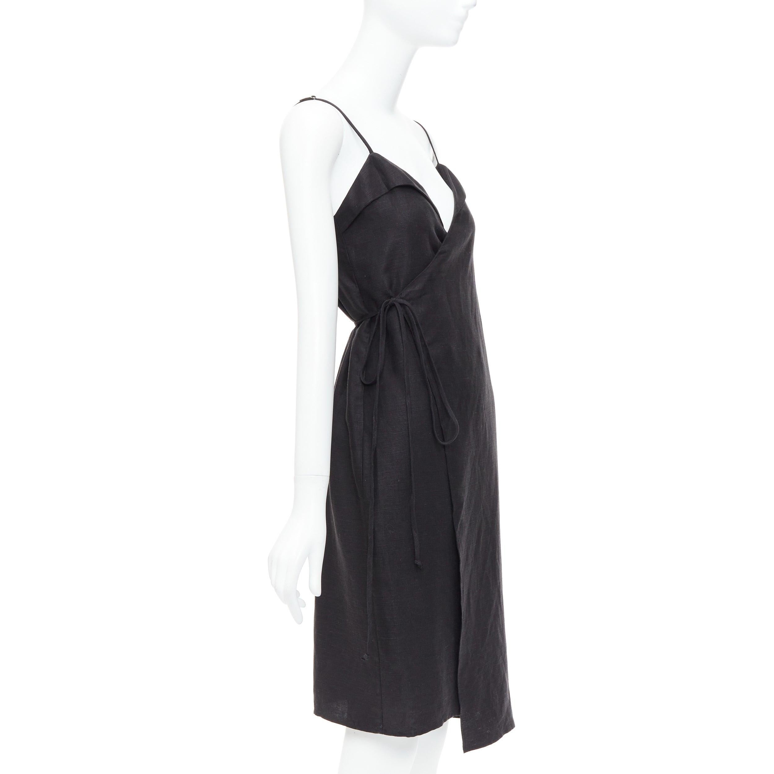 Black REFORMATION Crus black tencel linen V neck wrap dress XS For Sale