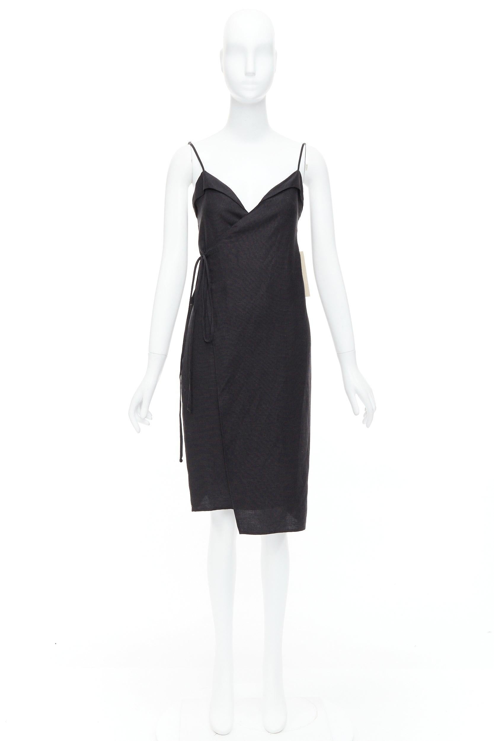REFORMATION Crus black tencel linen V neck wrap dress XS For Sale 4