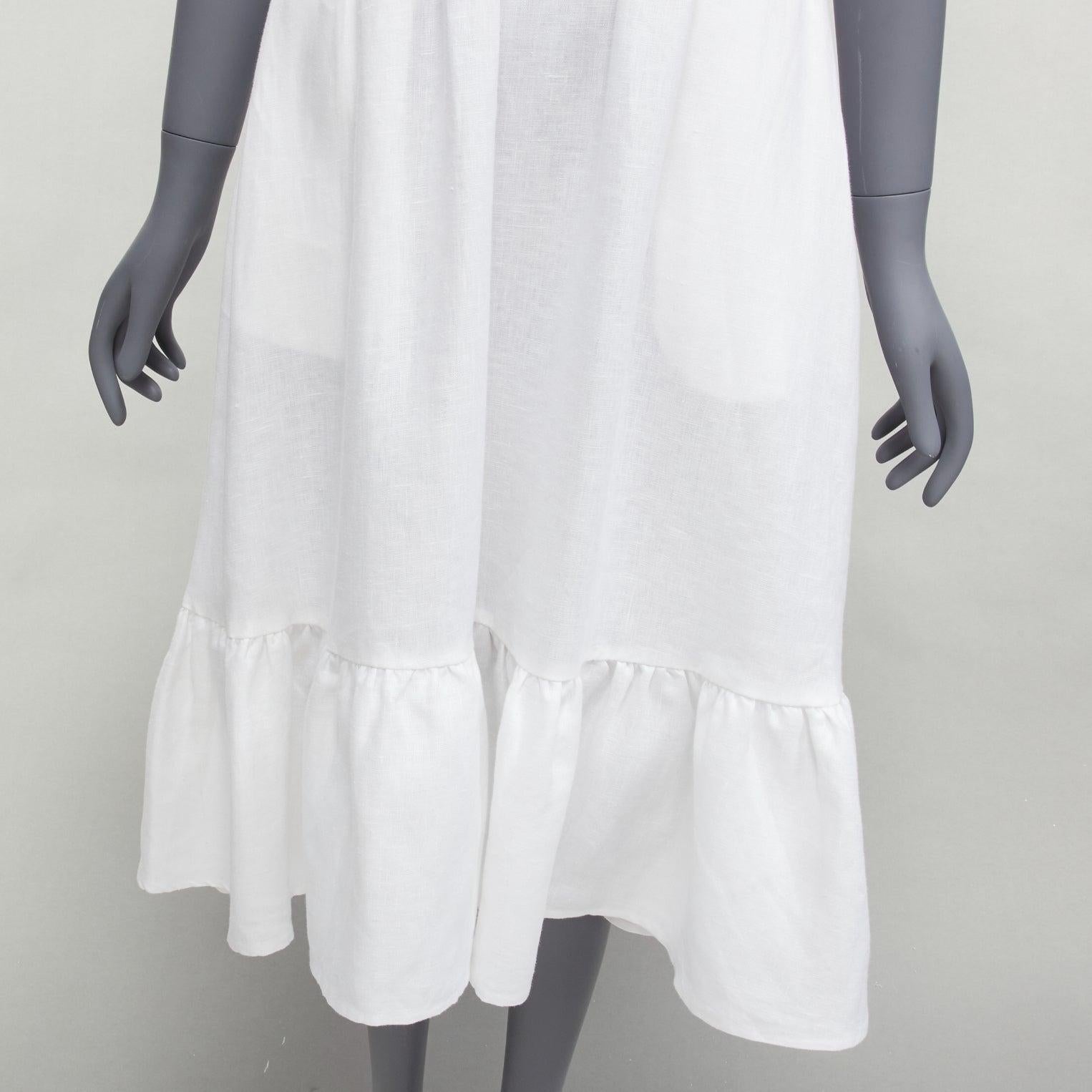 REFORMATION Dolci white linen flute hem hook eye trumpet dress US0 XS
Reference: SNKO/A00399
Brand: Reformation
Model: Dolci
Material: Linen
Color: White
Pattern: Solid
Closure: Hook & Eye
Lining: White Fabric
Extra Details: e Dolci is a midi length