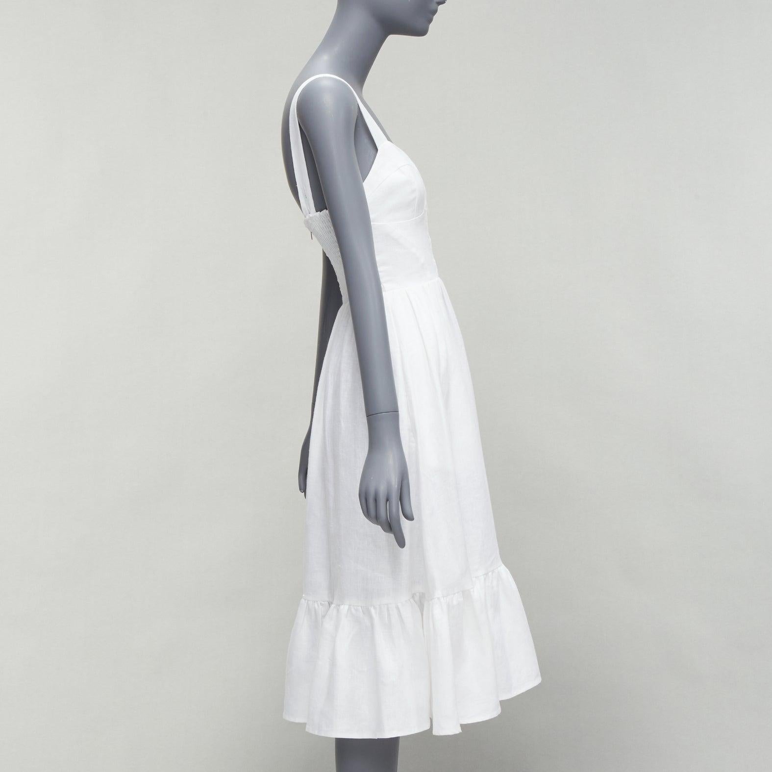 REFORMATION Dolci white linen flute hem hook eye trumpet dress US0 XS In Good Condition For Sale In Hong Kong, NT