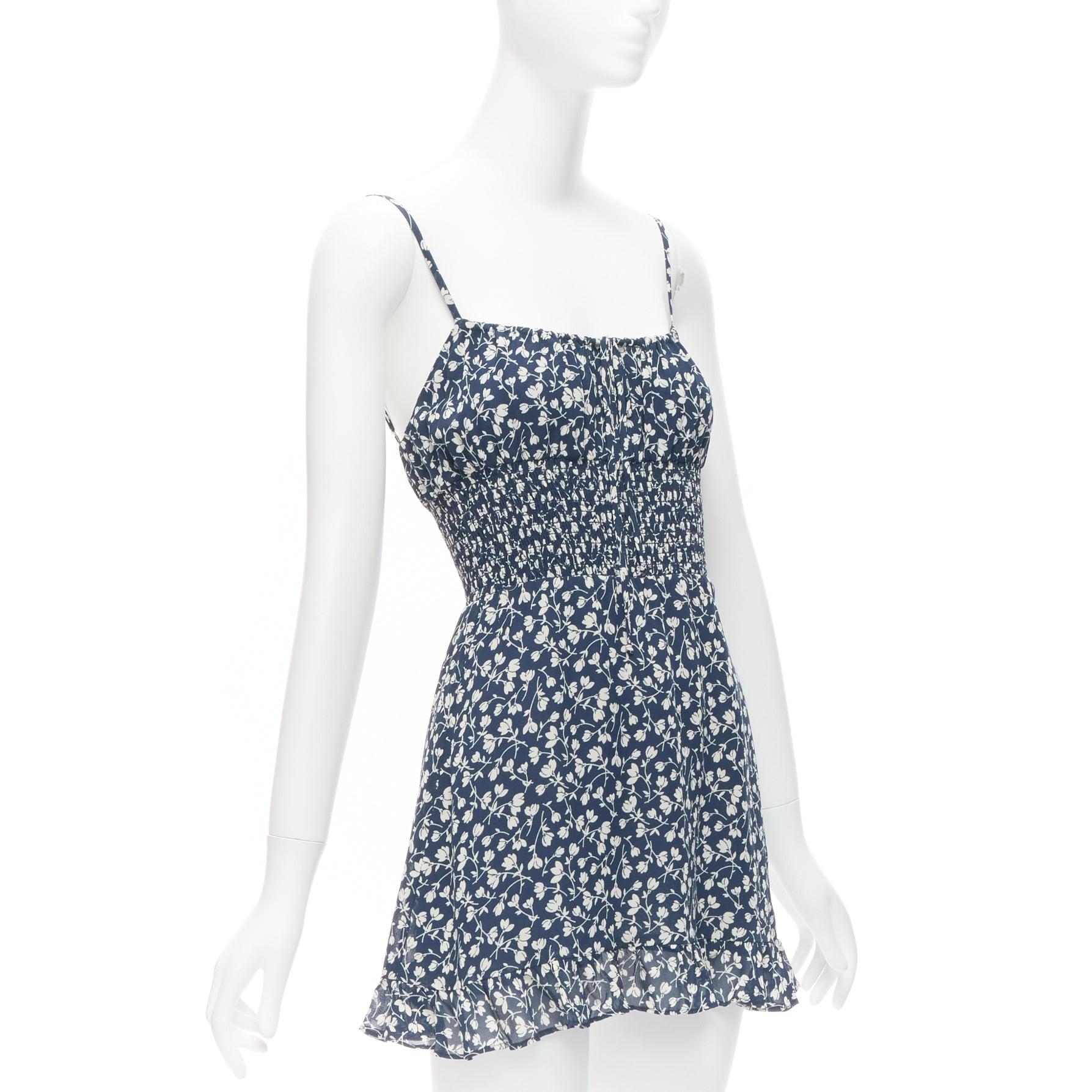Gray REFORMATION Elyse white navy floral print smocked bodice mini dress US2 S For Sale