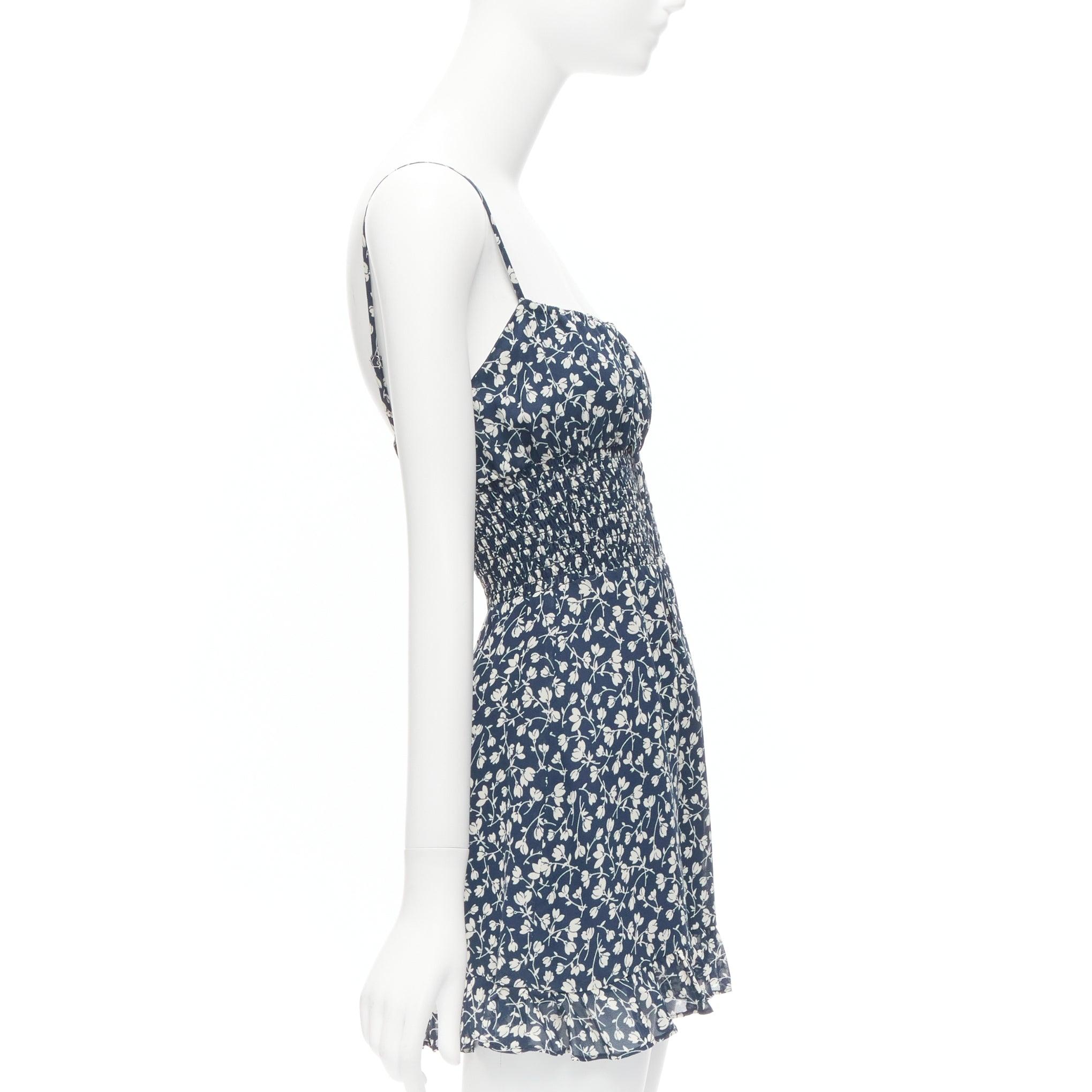 REFORMATION Elyse white navy floral print smocked bodice mini dress US2 S In Excellent Condition For Sale In Hong Kong, NT